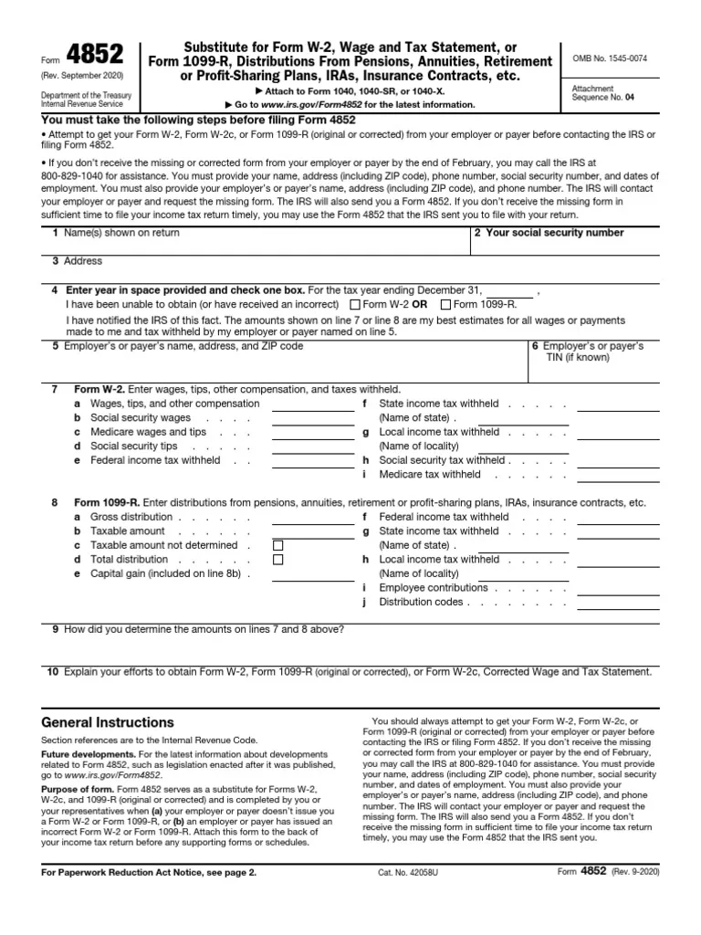 F 4852 PDF Irs Tax Forms Income Tax In The United States