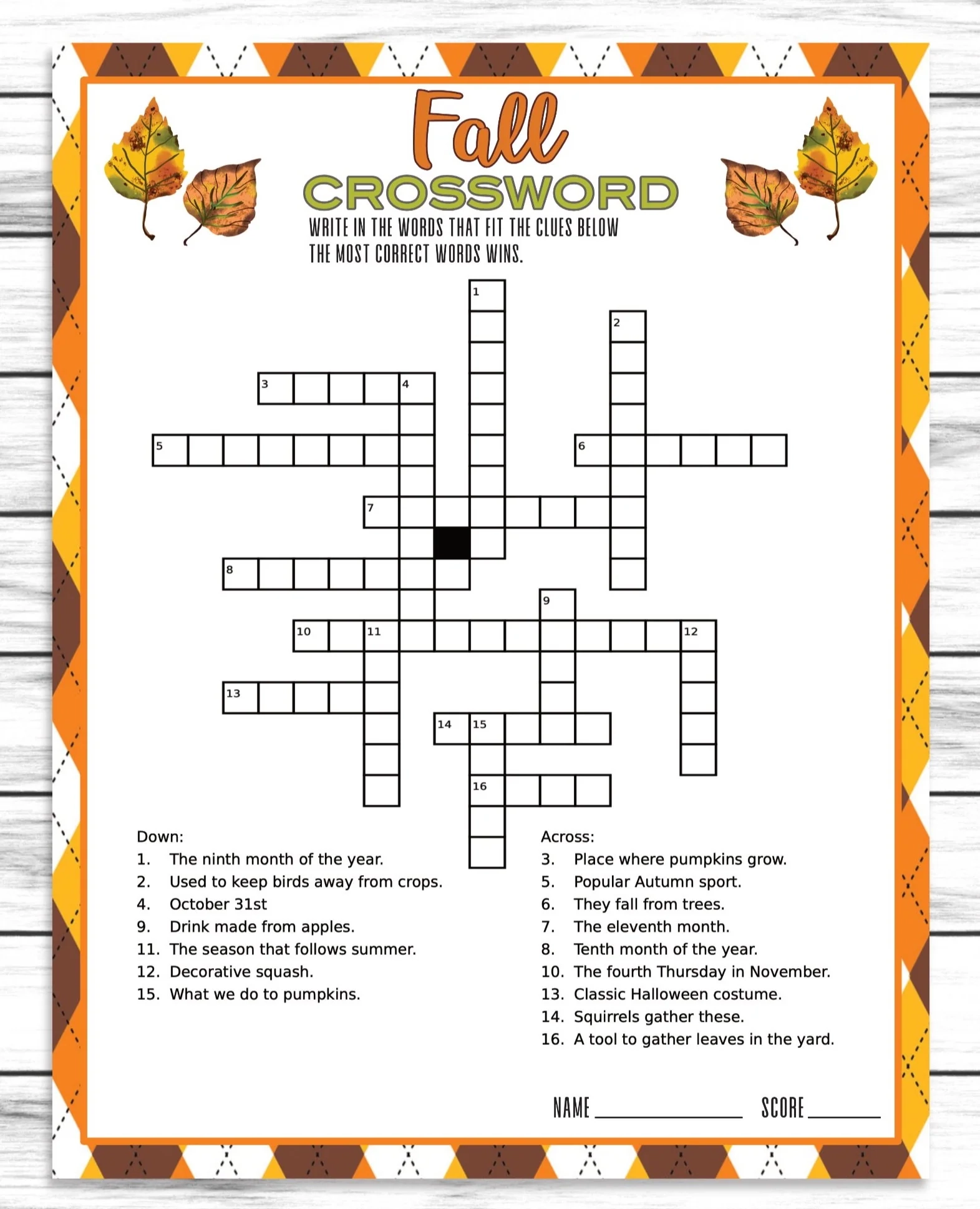 Fall Autumn Party Family Reunion Crossword Puzzle Game Printable 