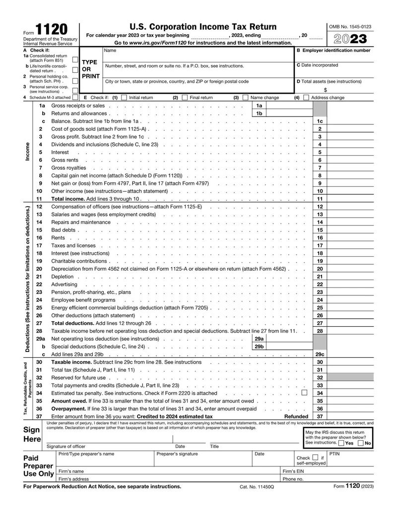 Form 1120 U S Corporation Income Tax Return Safely Fill Form 