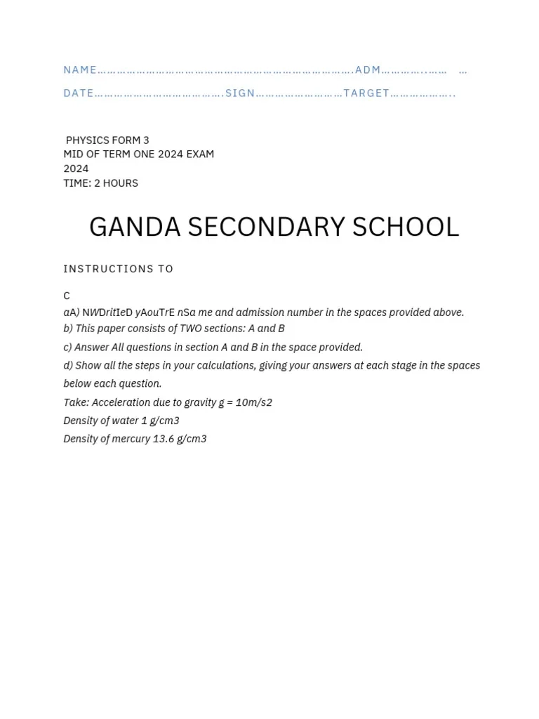 FORM 3 Physics MID 1 TERM EXAM PDF PDF Weight Applied And 