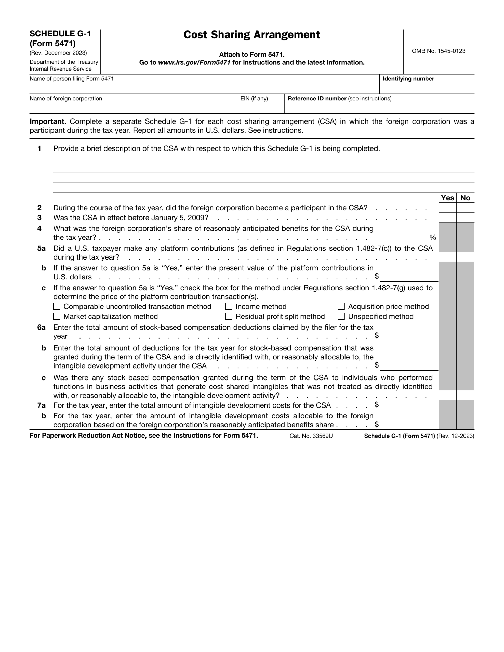 Form 5471 Schedule G 1 Cost Sharing Arrangement 2024 2025 PDF Guru