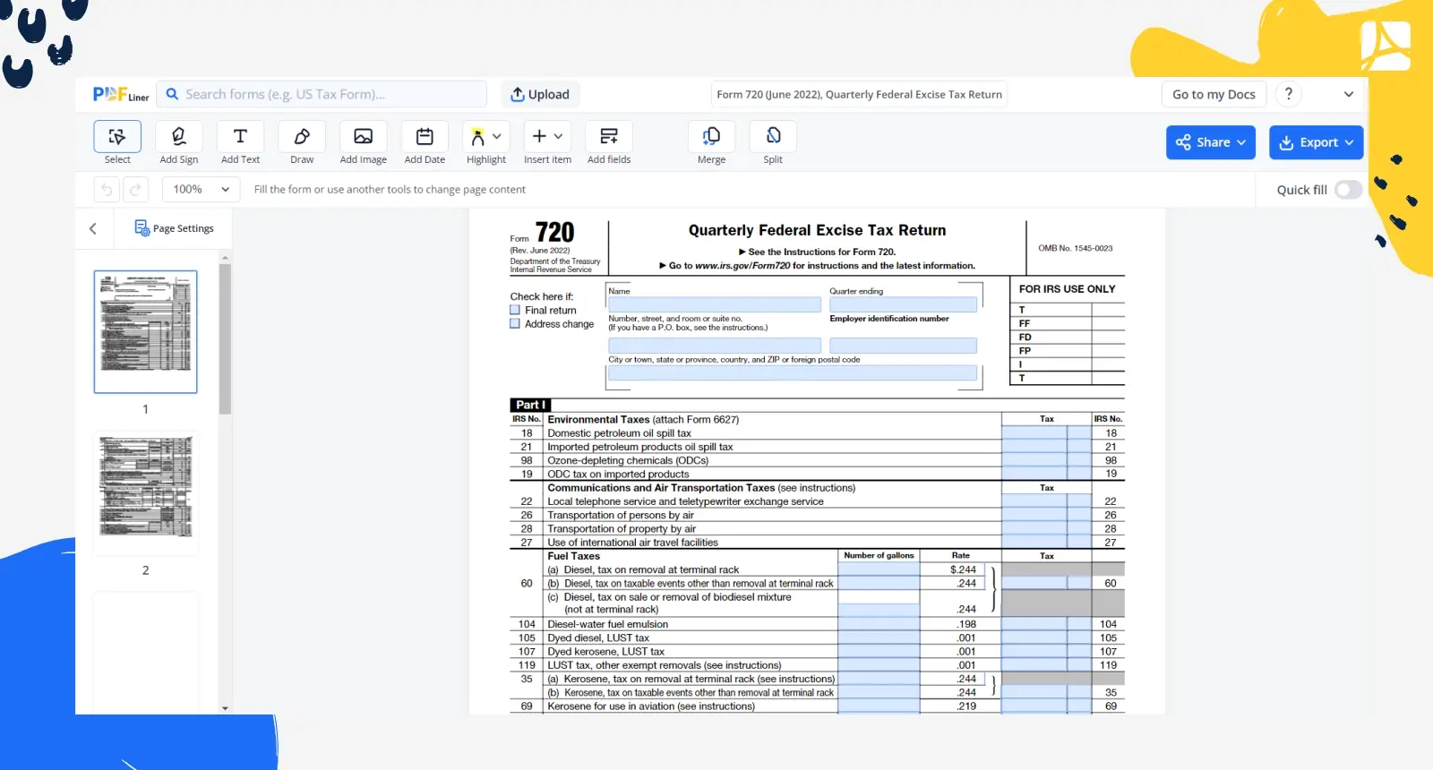 Form 720 June 2022 Quarterly Federal Excise Tax Return PDFliner
