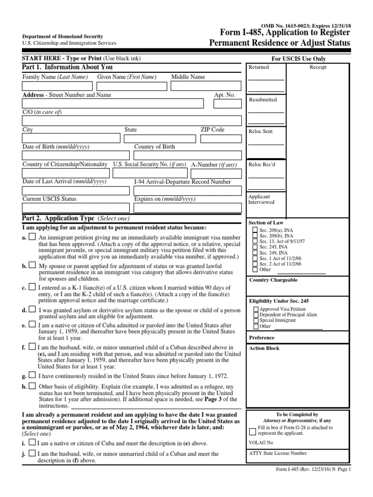 Form I 485 Application To Register Permanent Residence Or Adjust 