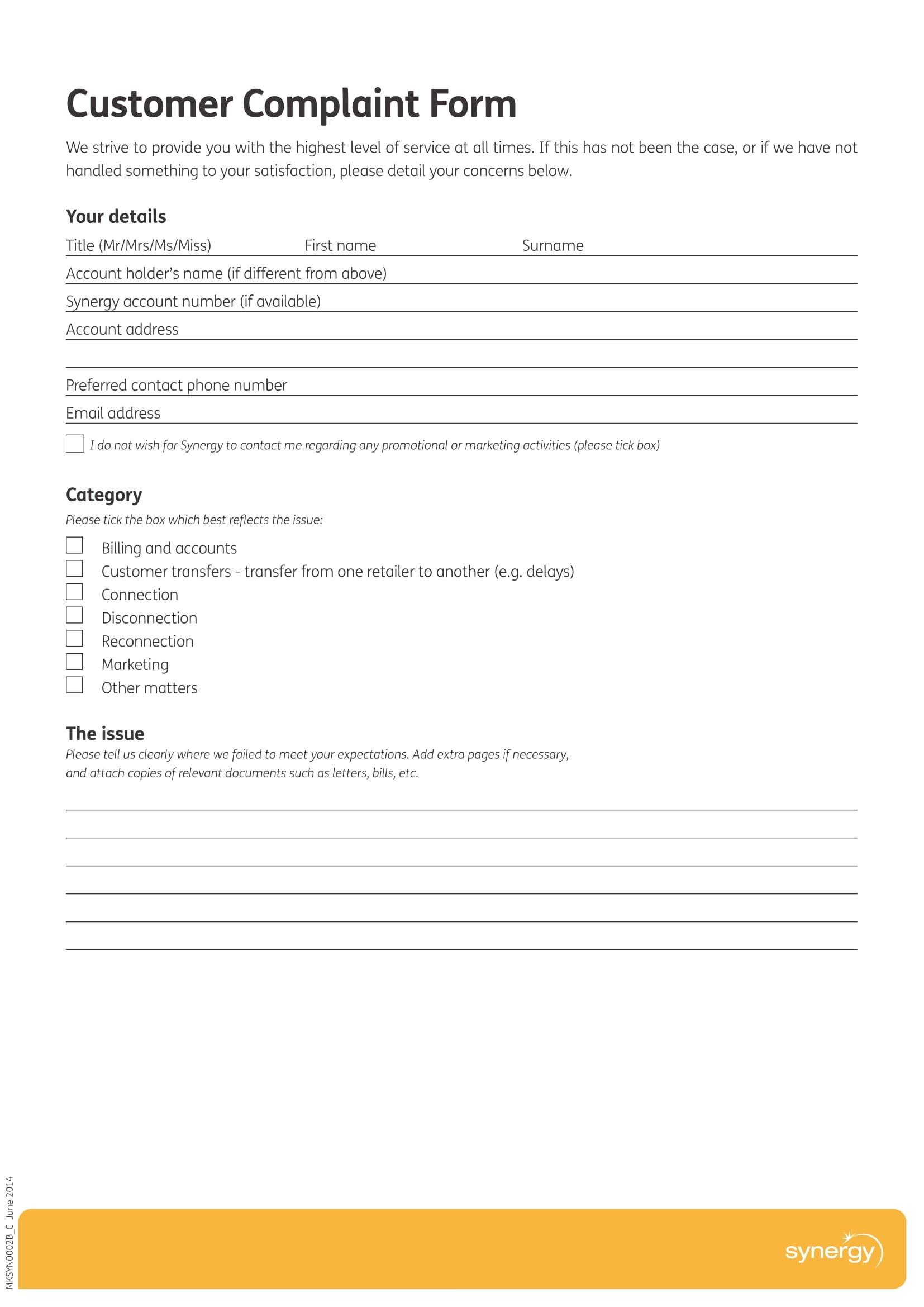 Printable Formal Complaint Form