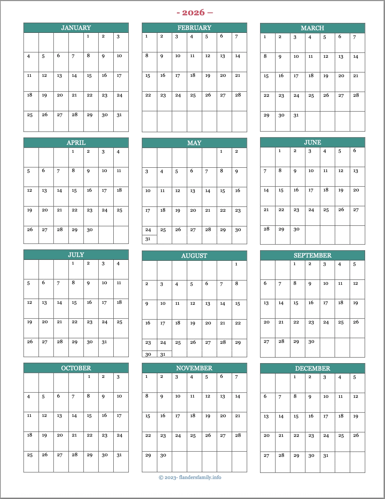 June December 2026 Calendar Printable