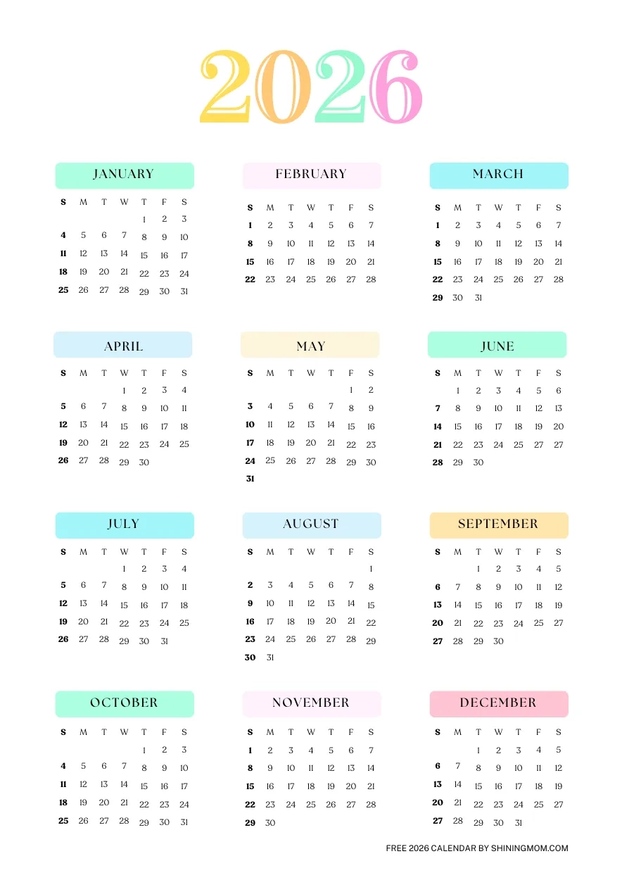 Free Printable One Page 2026 Calendar