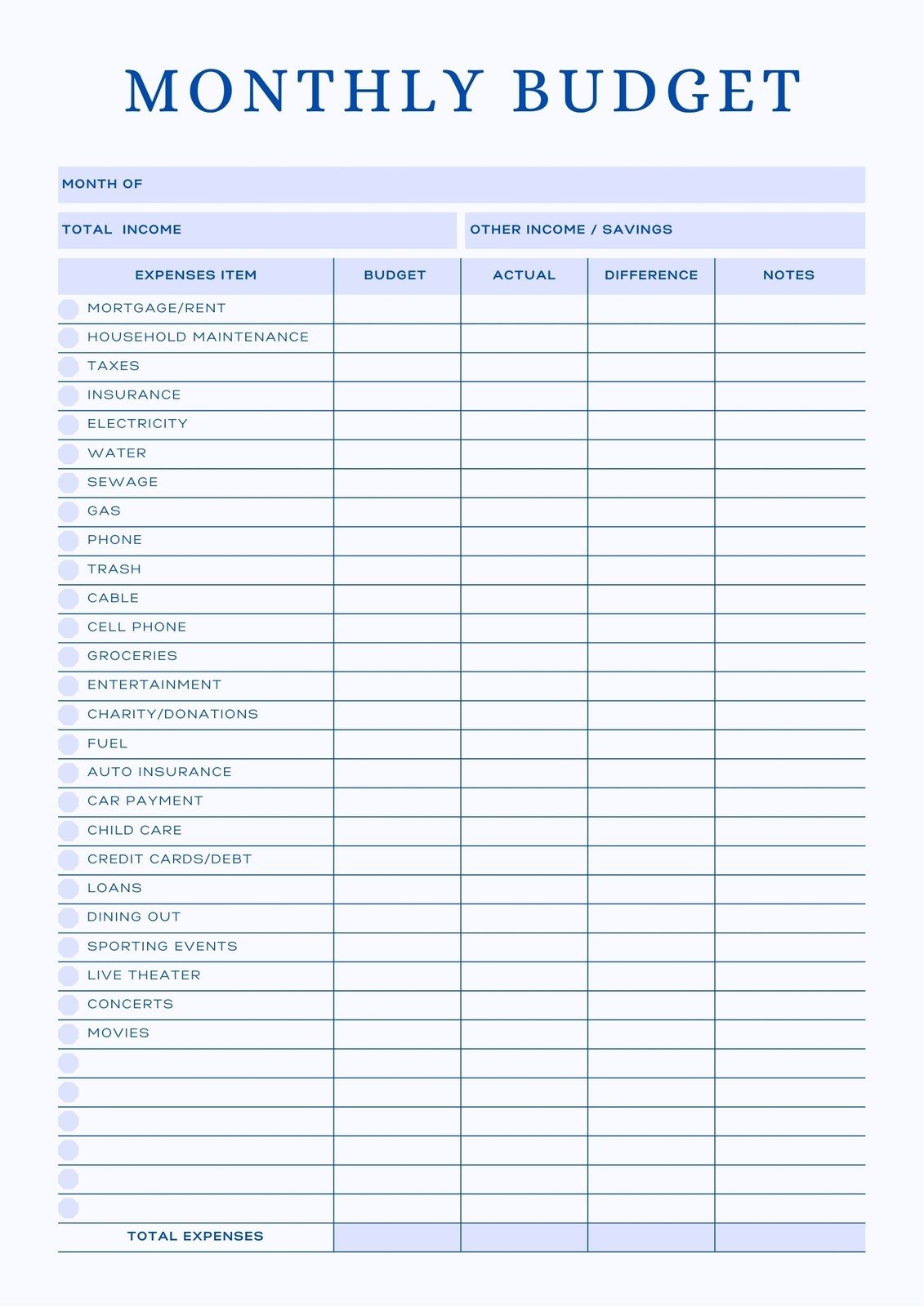 Printable Home Budget Template