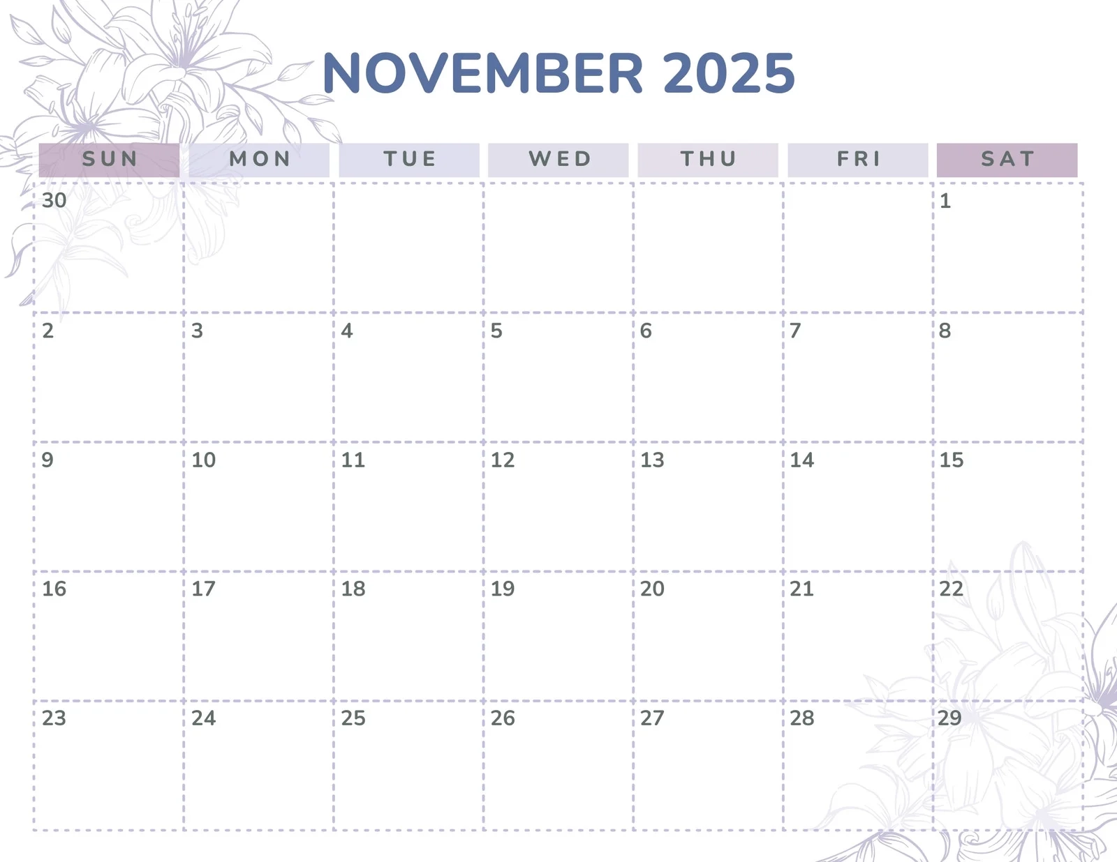 Printable Monthly Calendar November