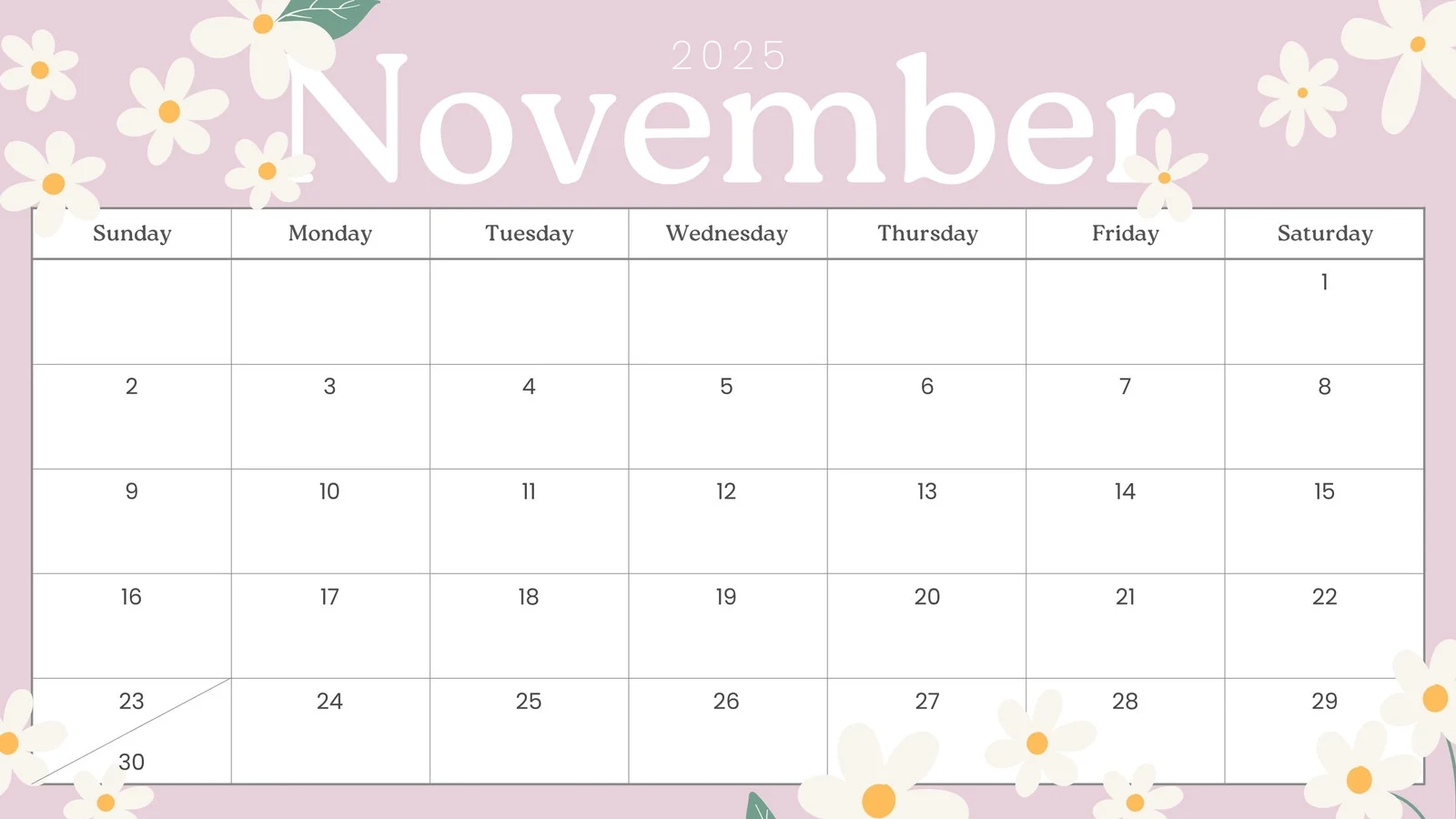 November Month Calendar Printable