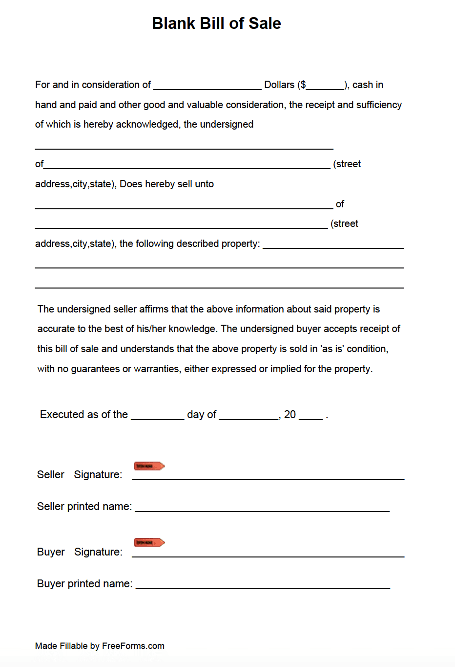 Printable Bill Of Sale Template Word