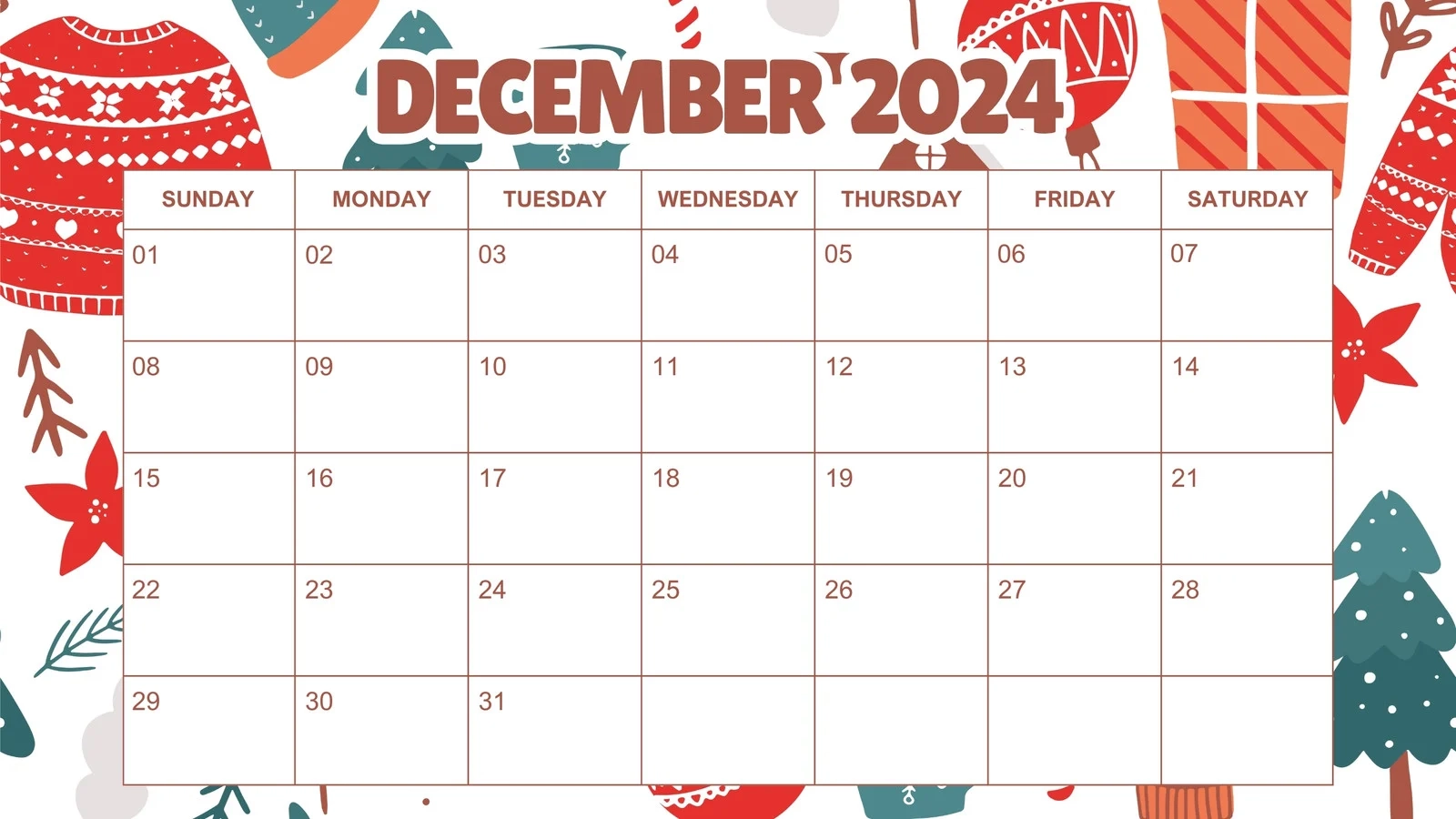Christmas Themed December Printable Calendar