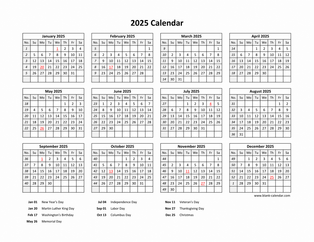2025 Printable Blank Calendar With Holidays