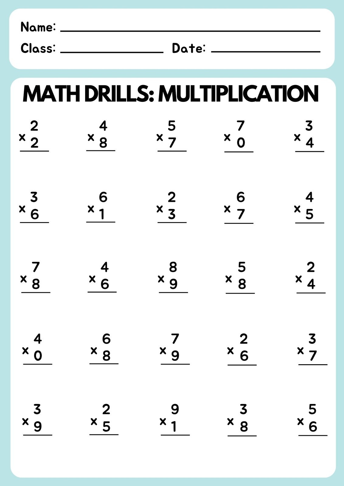 Free Math Printable Worksheets Multiplication