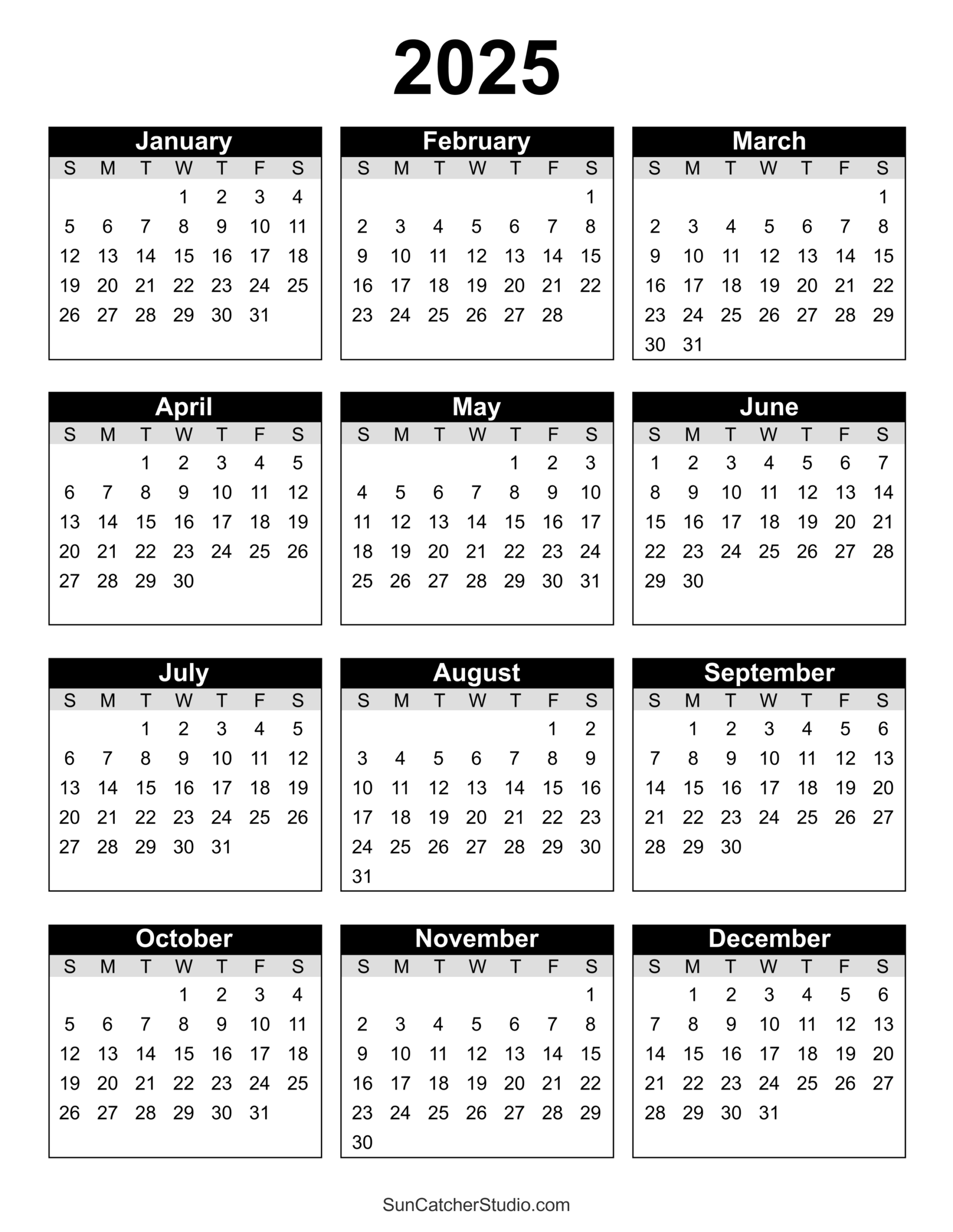 Free Printable 2025 Yearly Calendar Free Printables Monograms 