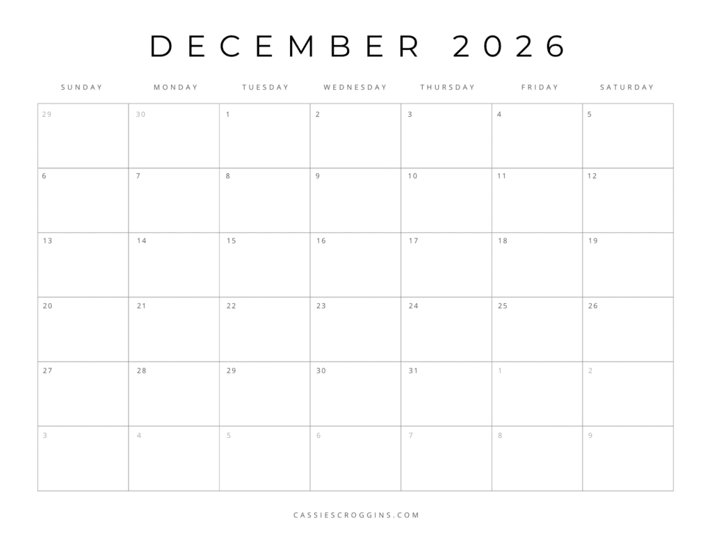 Blank Calendar Printable December 2026