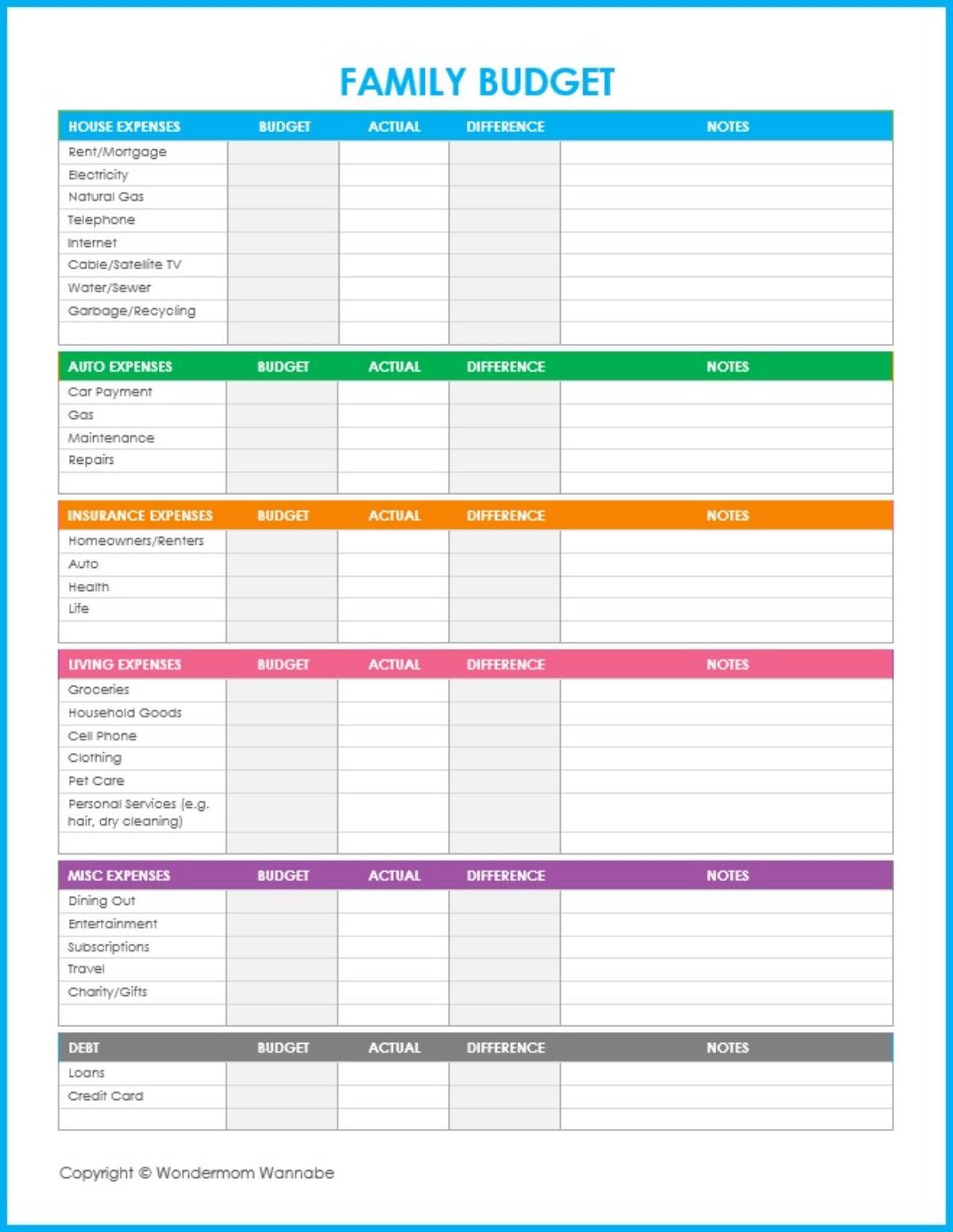 Budget Worksheet Free Printable