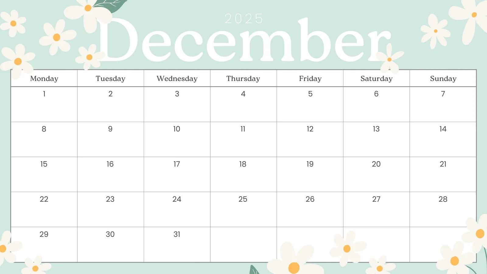 Monthly Calendar Printable 2025 December