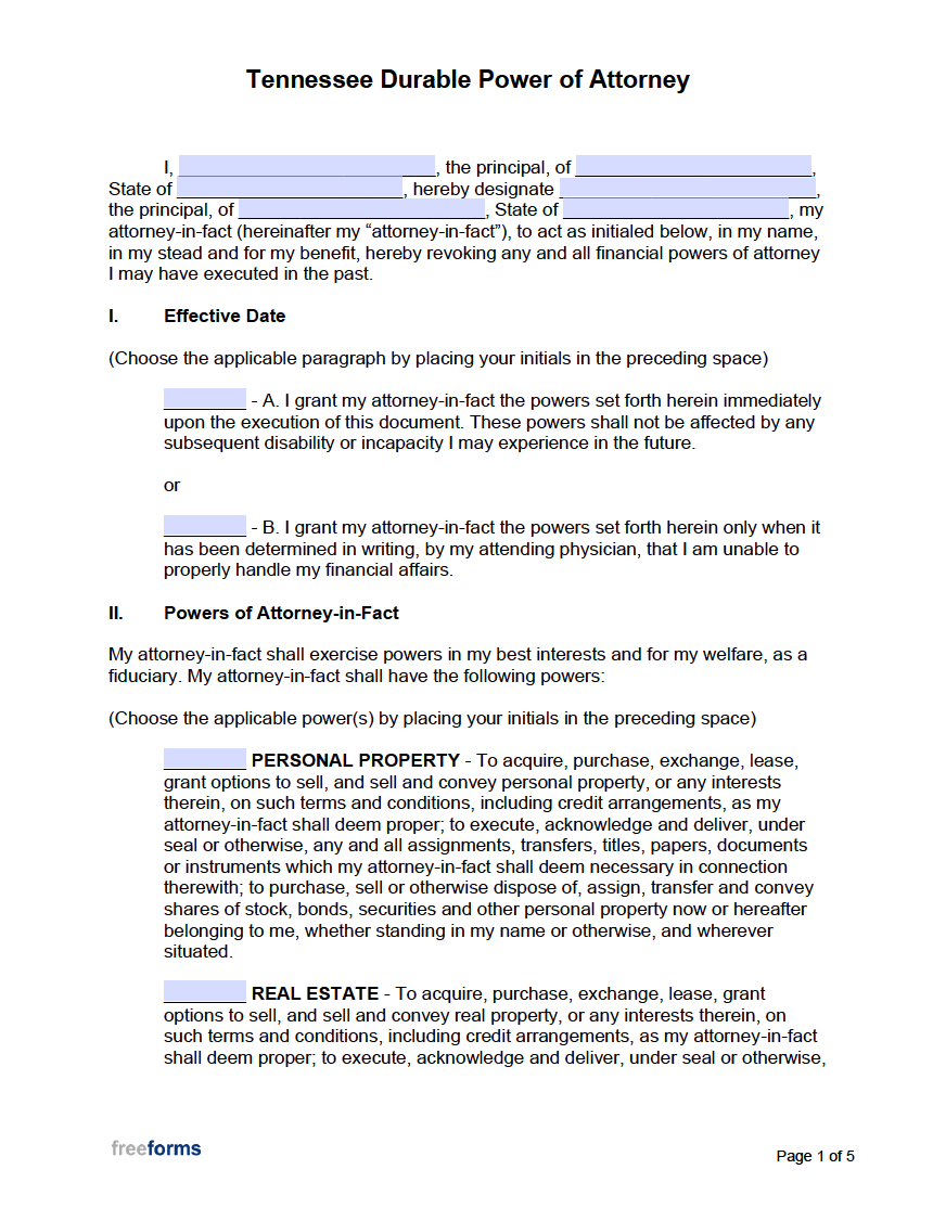 Free Tennessee Durable Financial Power Of Attorney Form PDF Word