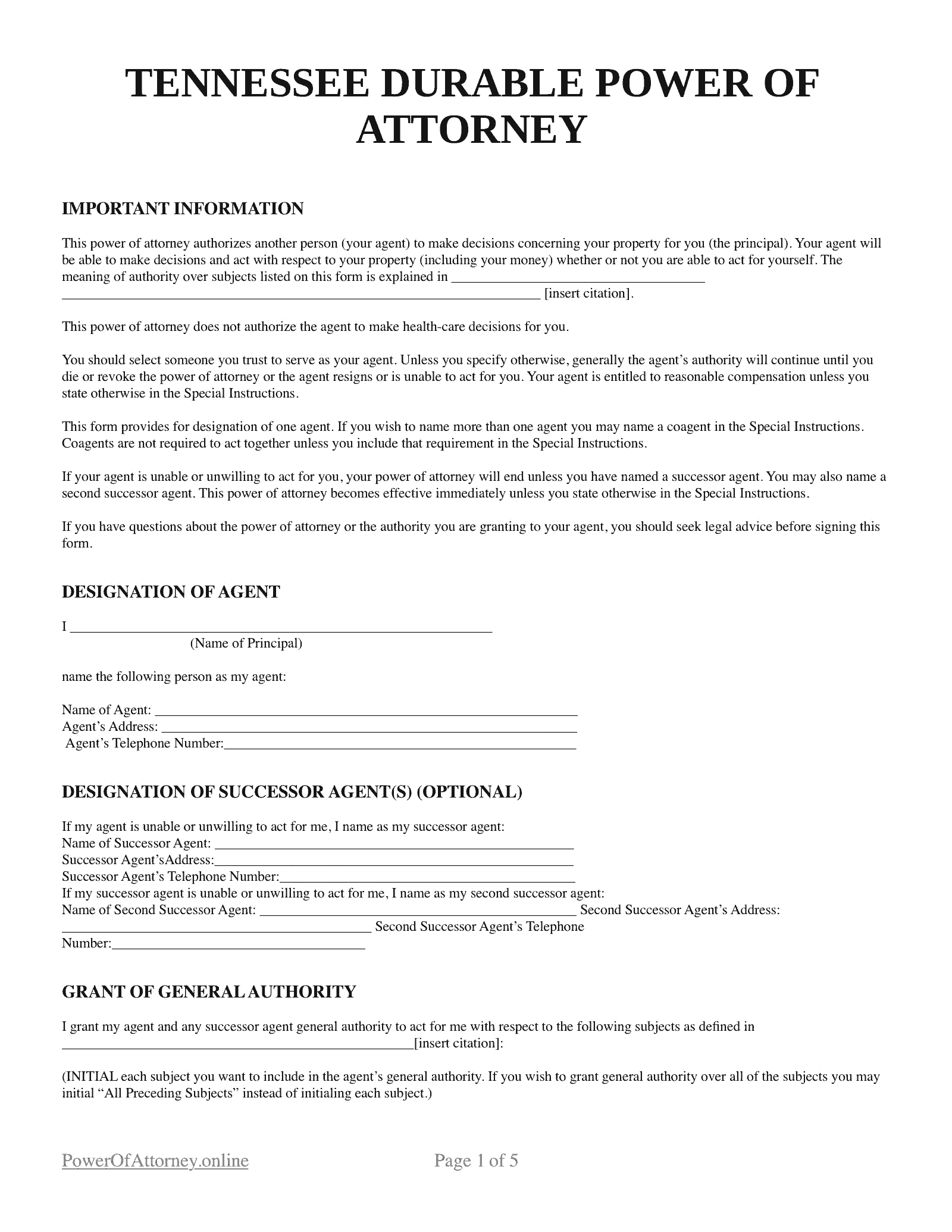 Free Tennessee TN Power Of Attorney Forms amp Templates PDF