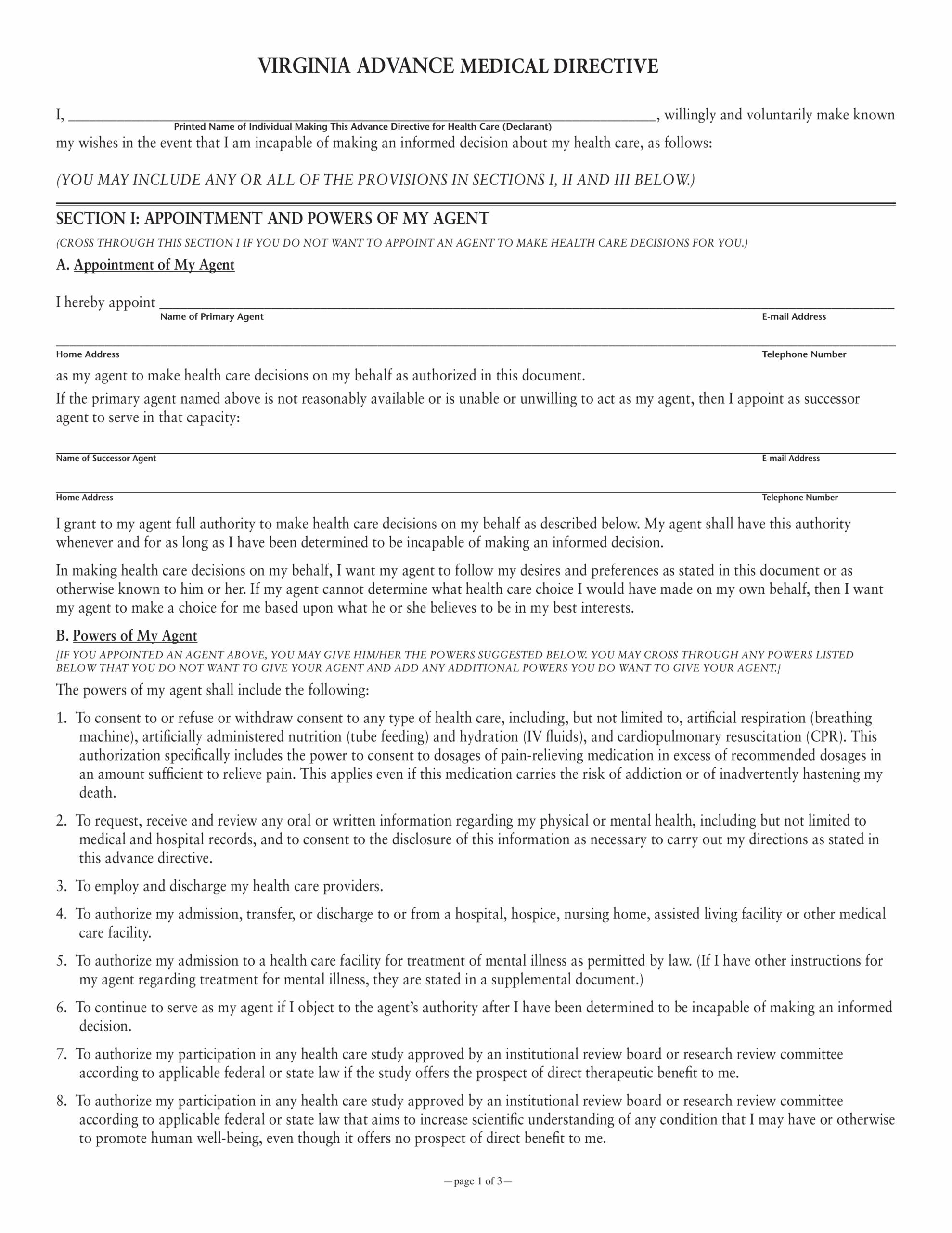 Free Virginia Advance Directive Medical POA Living Will 