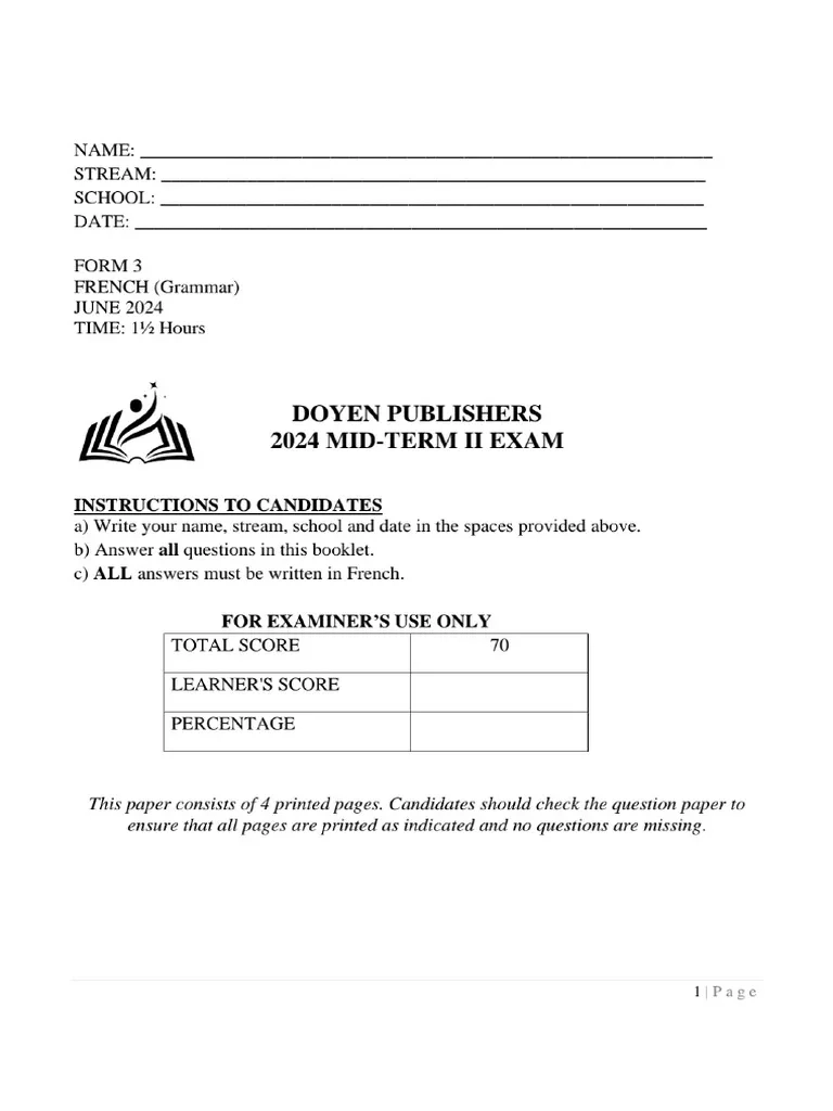 French Form 3 Mid Term II 2024 Exam PDF