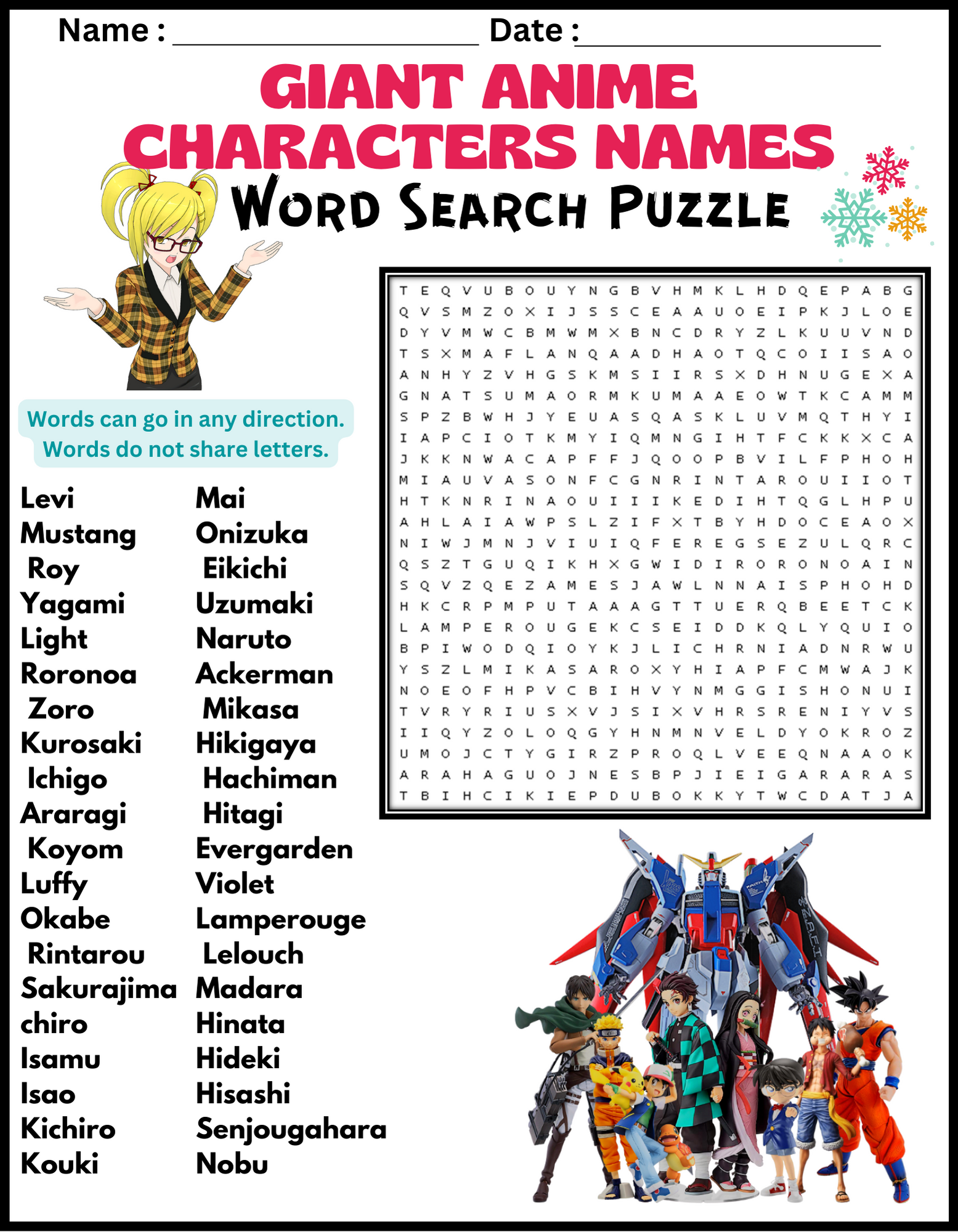 GIANT ANIME CHARACTERS NAMES Word Search Puzzle Worksheet Activity 