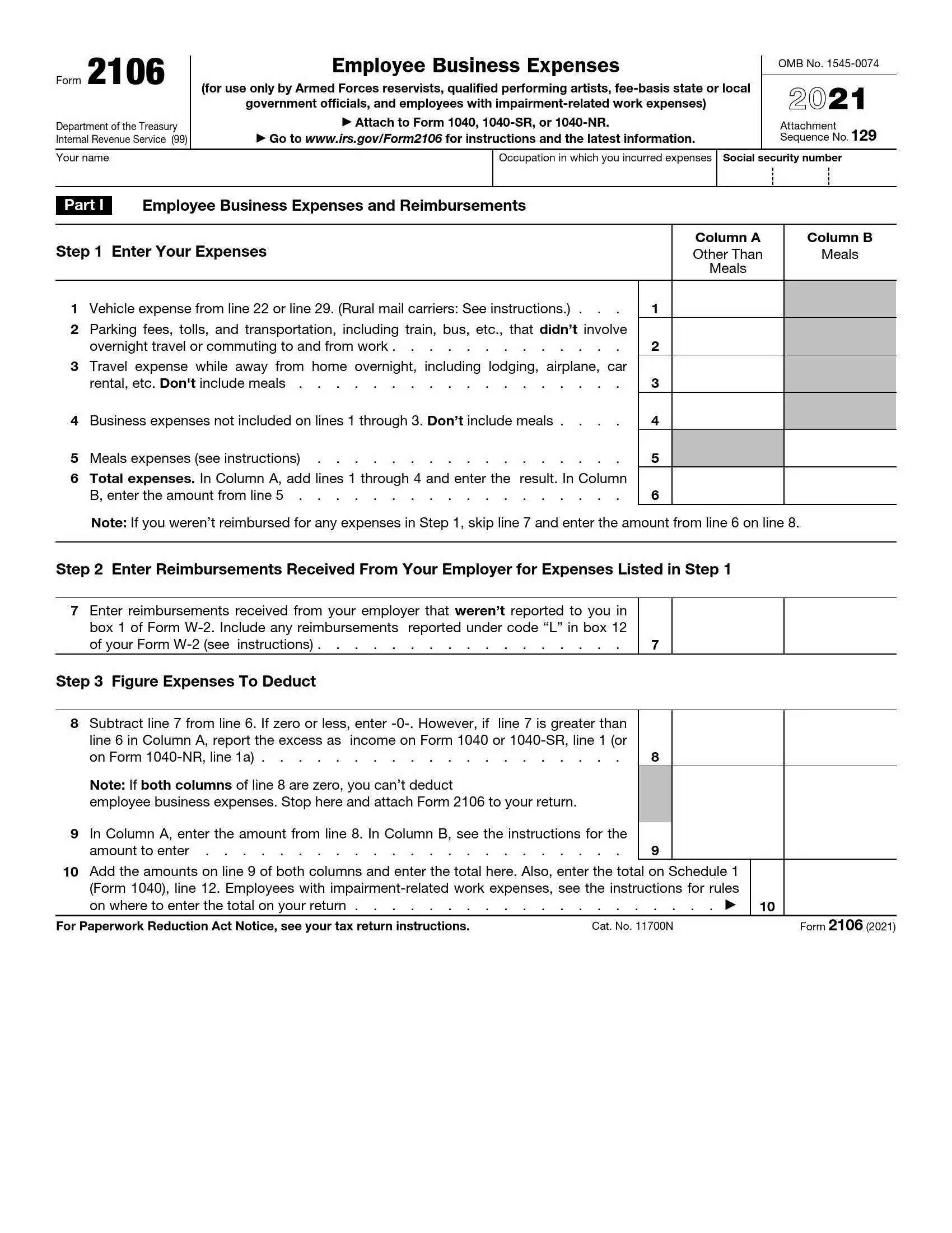 IRS Form 2106 Fill Out Printable PDF Forms Online