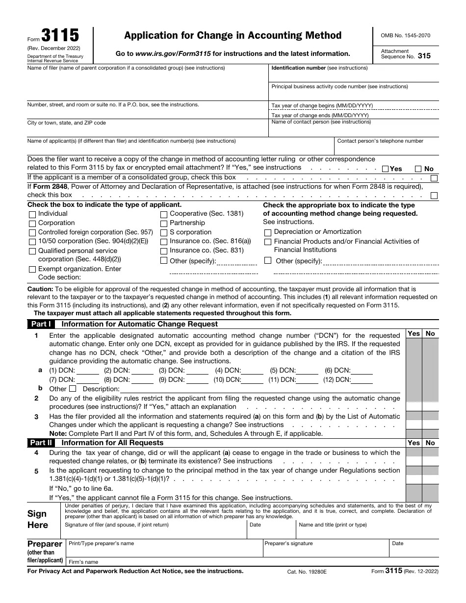 IRS Form 3115 Download Fillable PDF Or Fill Online Application For 