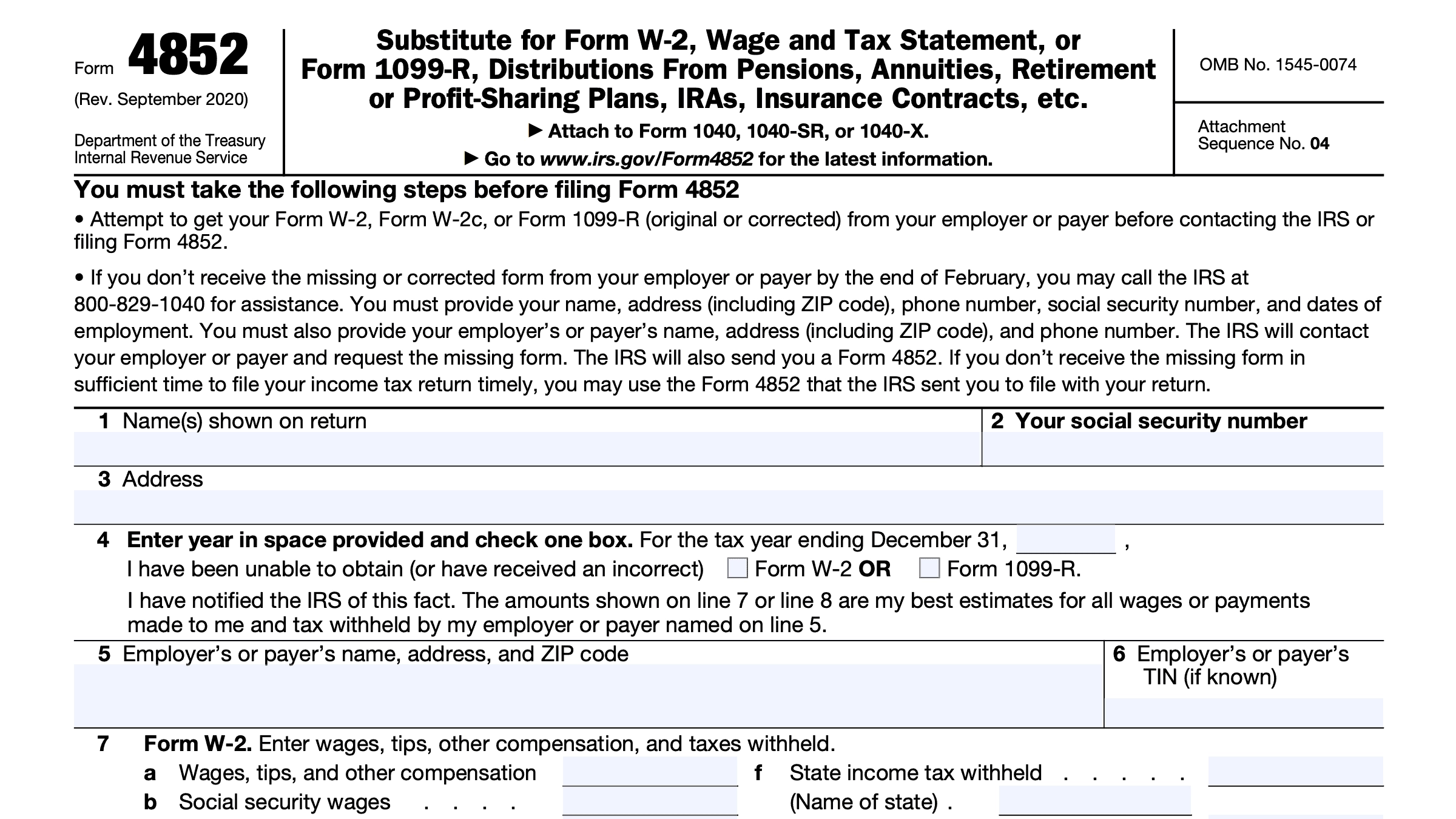 IRS Form 4852 Instructions Substitute Forms