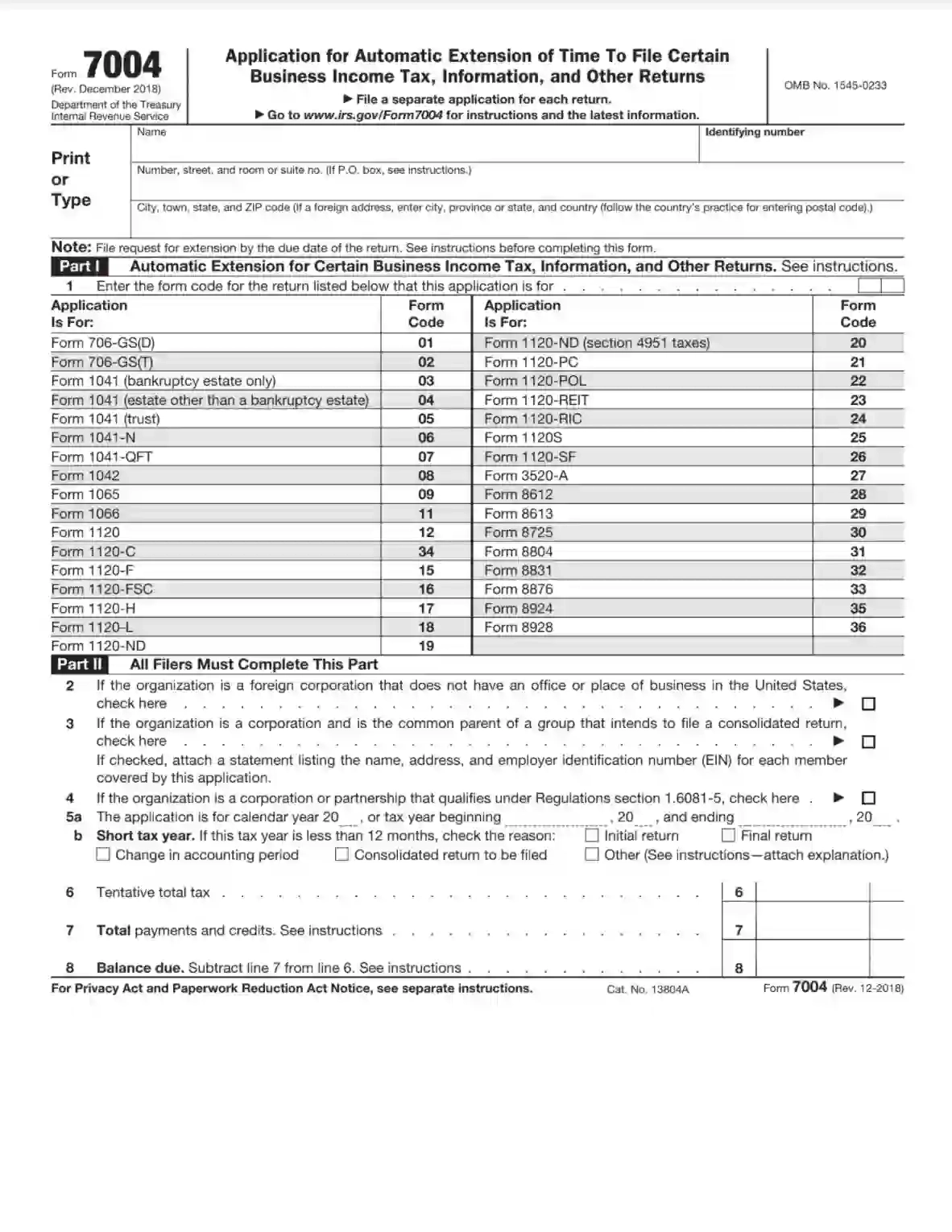 IRS Form 7004 Fill Out Printable PDF Forms Online