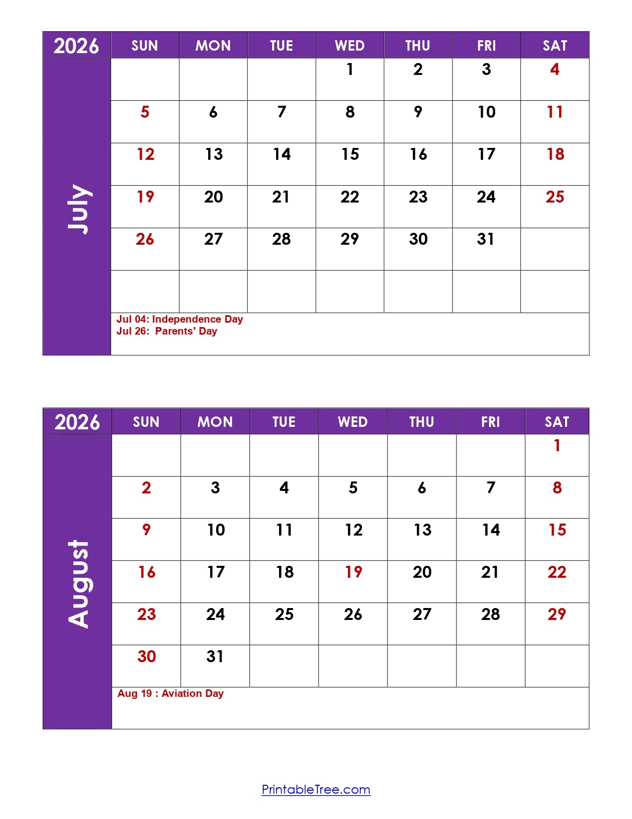 June July August 2026 Calendar Printable