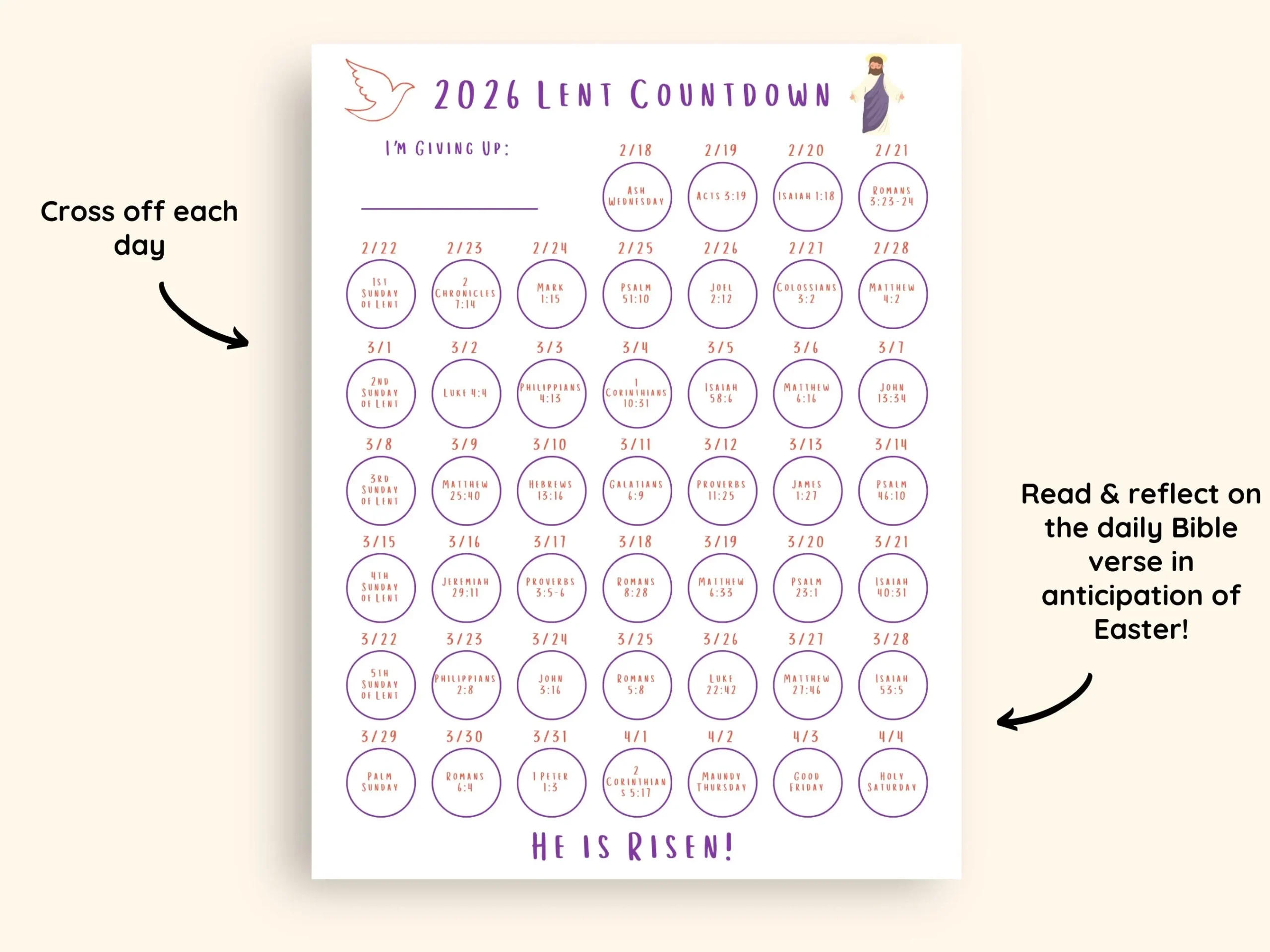 Kids 40 Days Of Lent Tracker 2026 Countdown Calendar Printable 