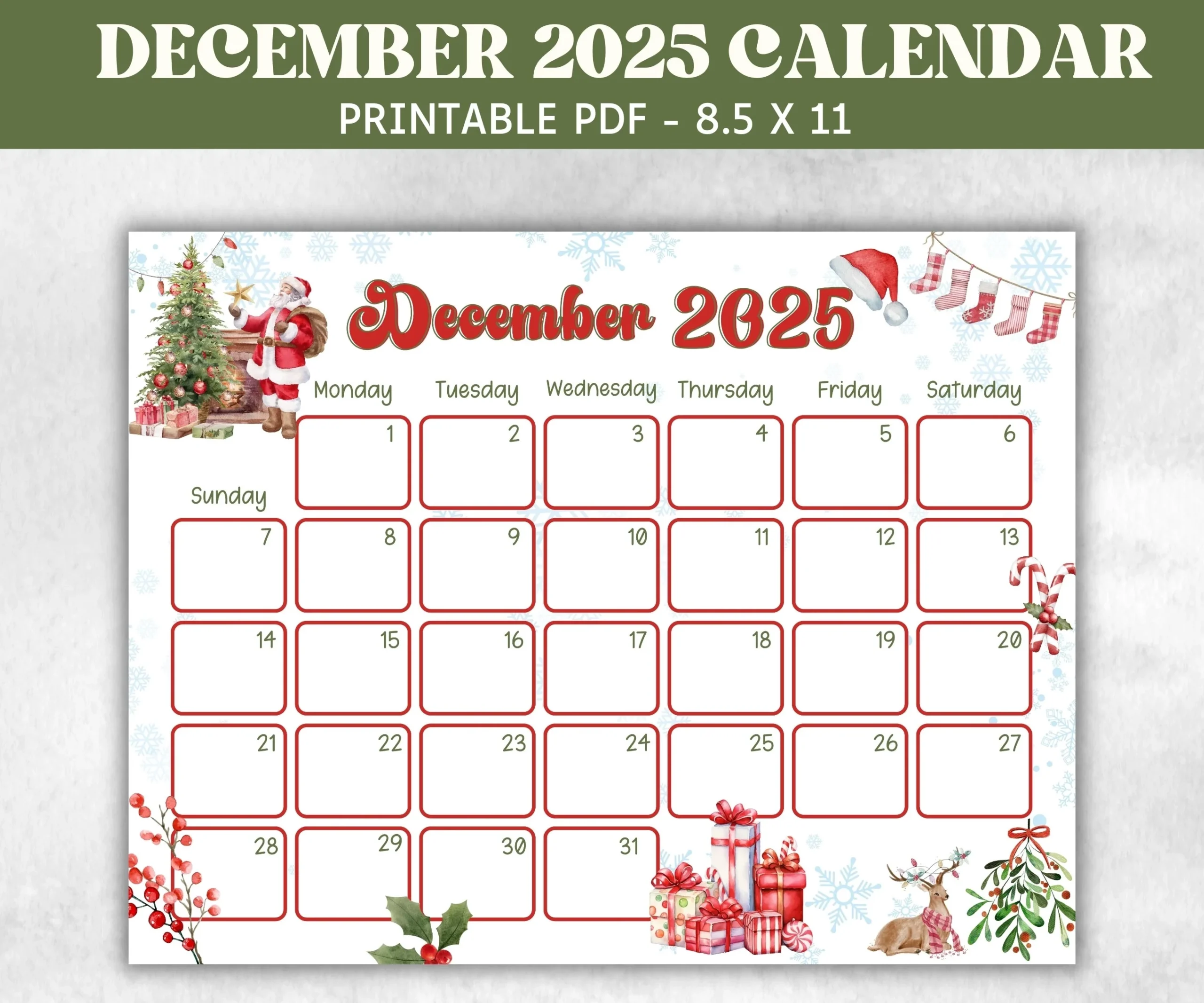 December Printable Christmas Calendar 2025
