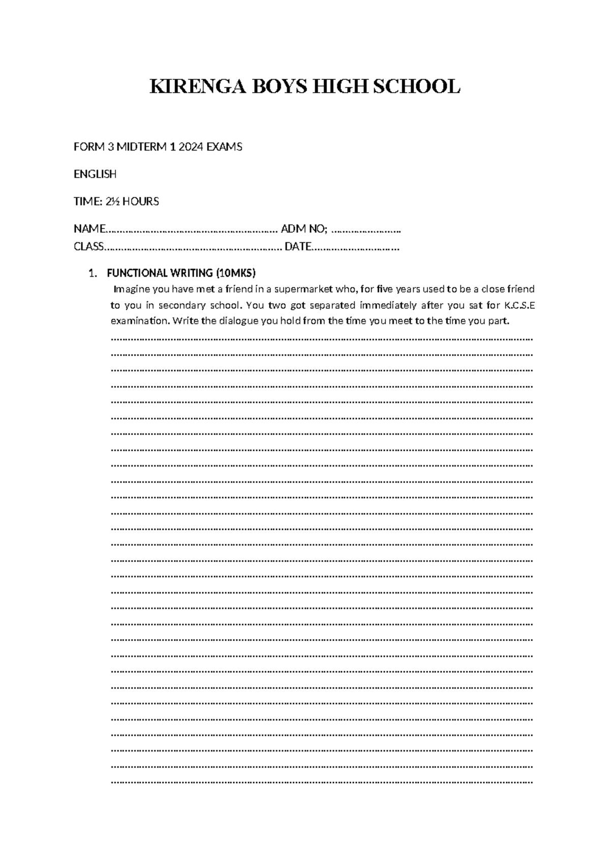 Form 3 Mid Term 1 Exams 2024