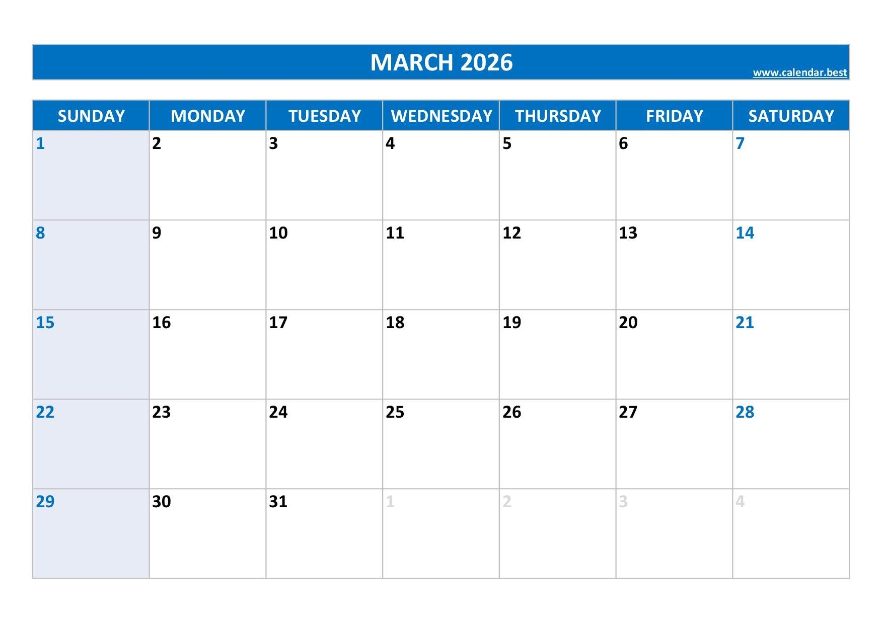 Blank March 2026 Calendar Free