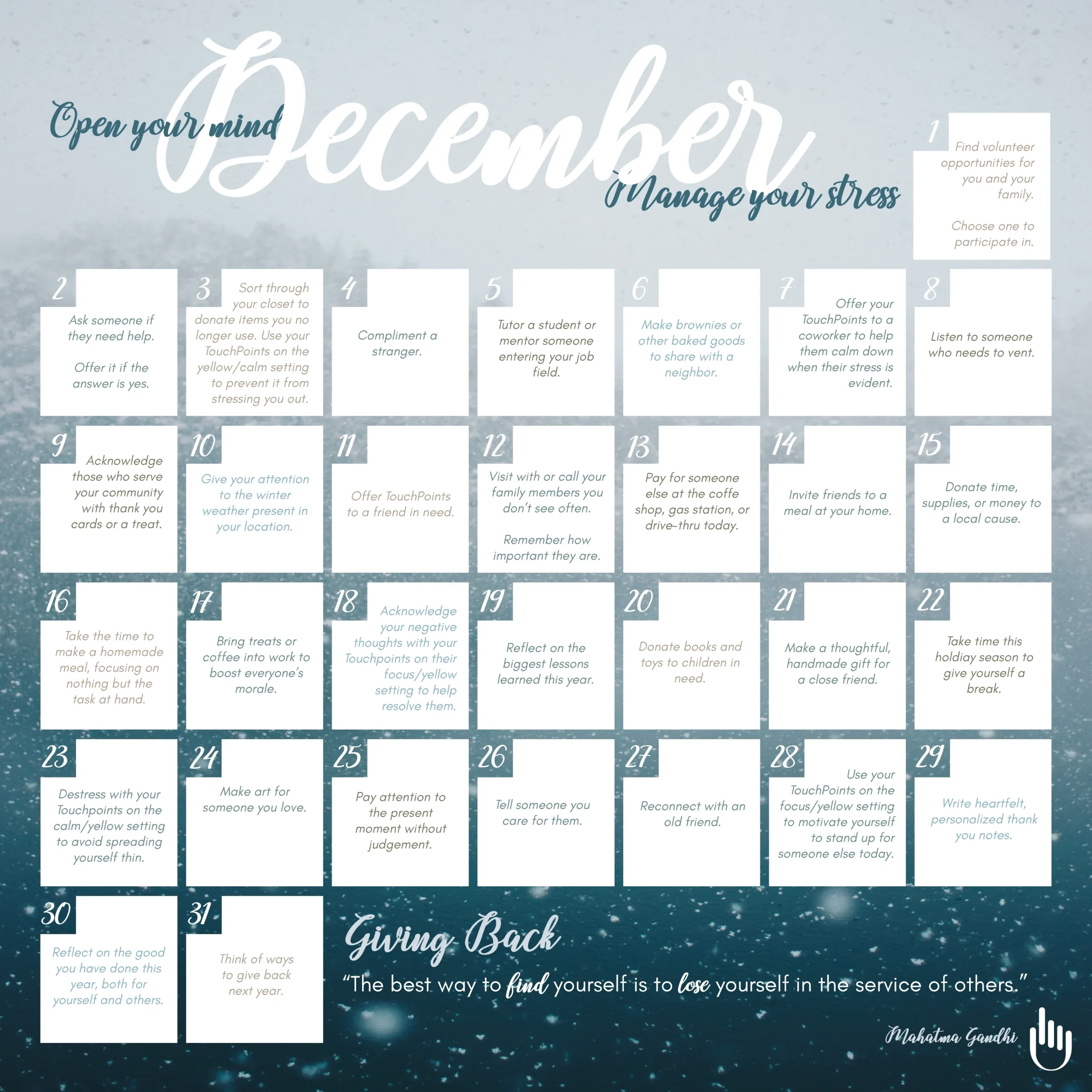 Monthly Mindfulness Calendar December TheTouchPoint Solution 