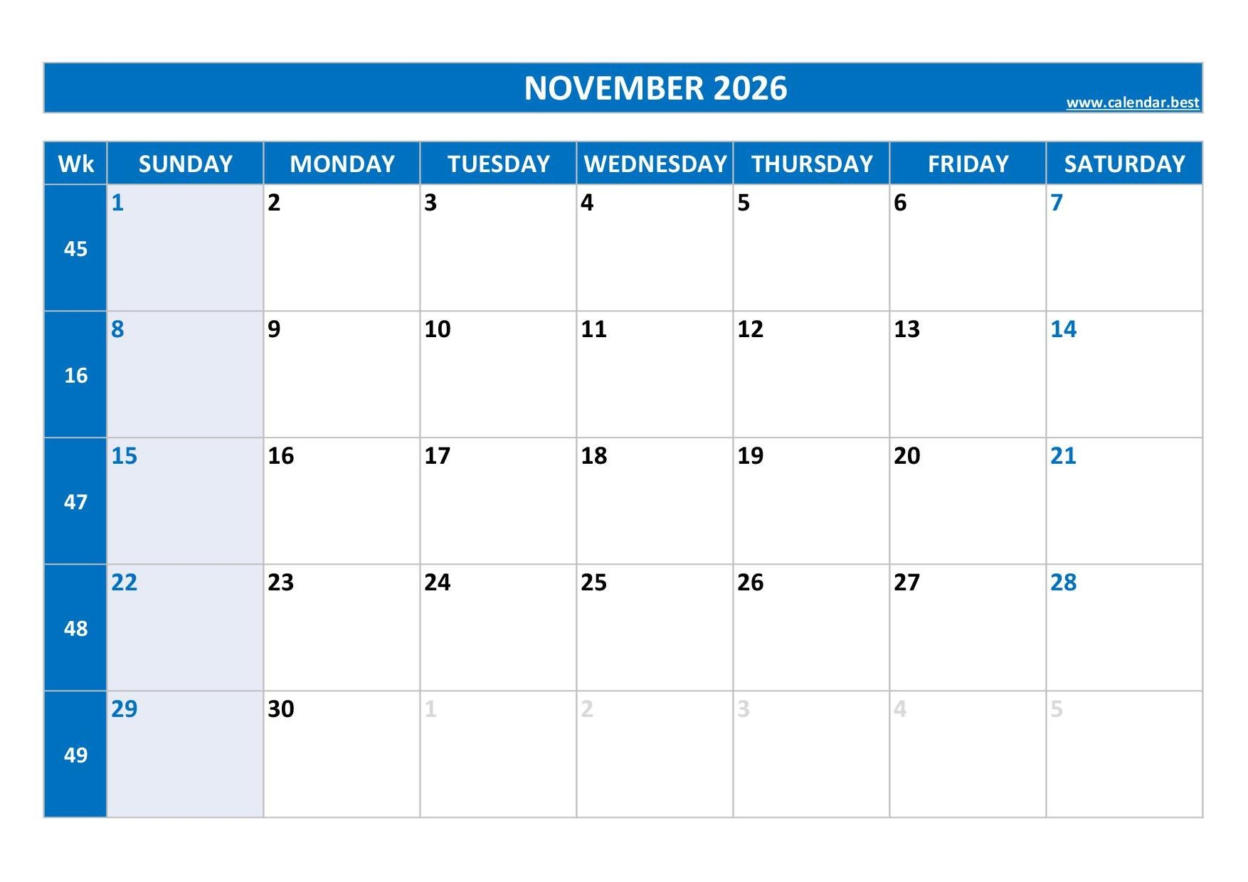 Printable November 2026 Calendar Template