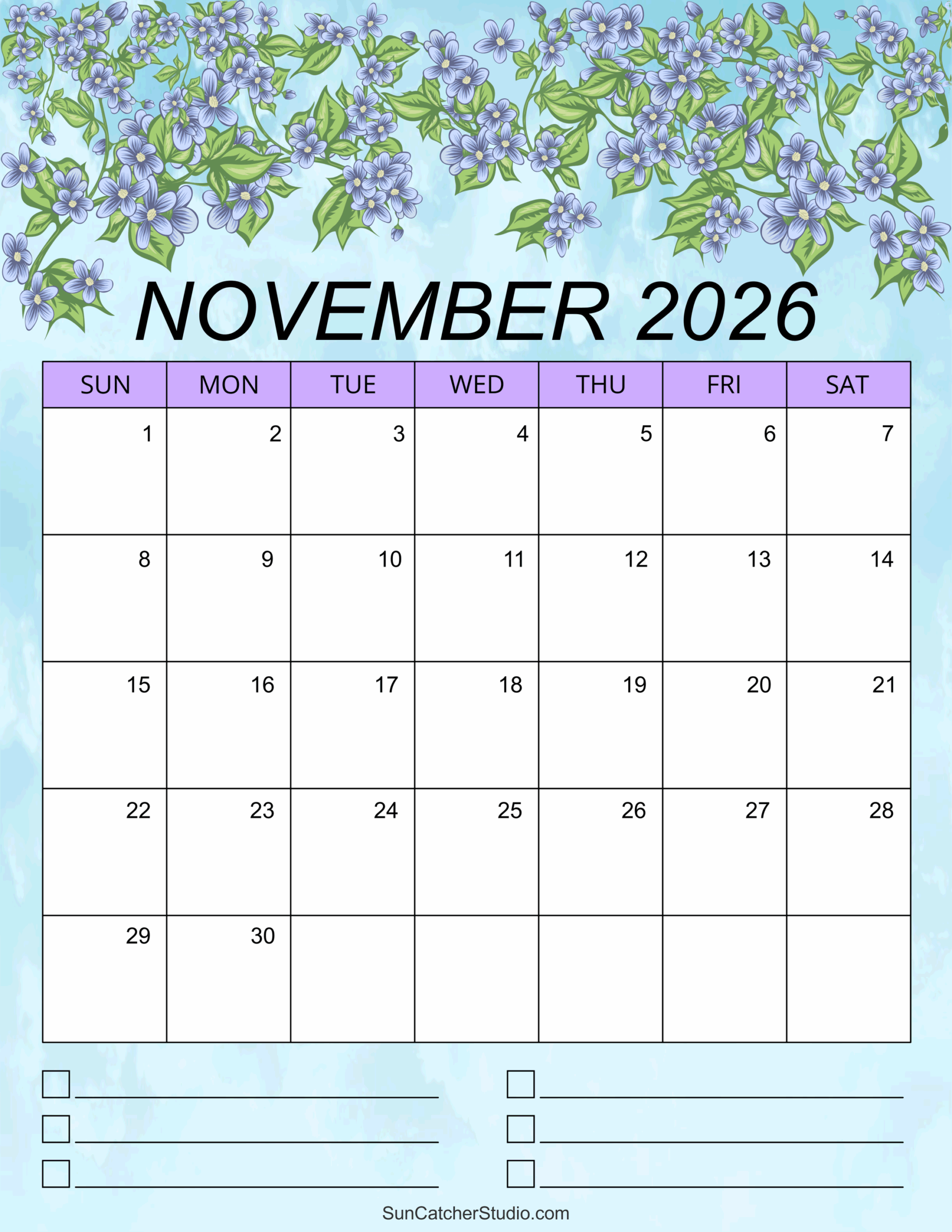 November Calendar 2026 For Kids Printable