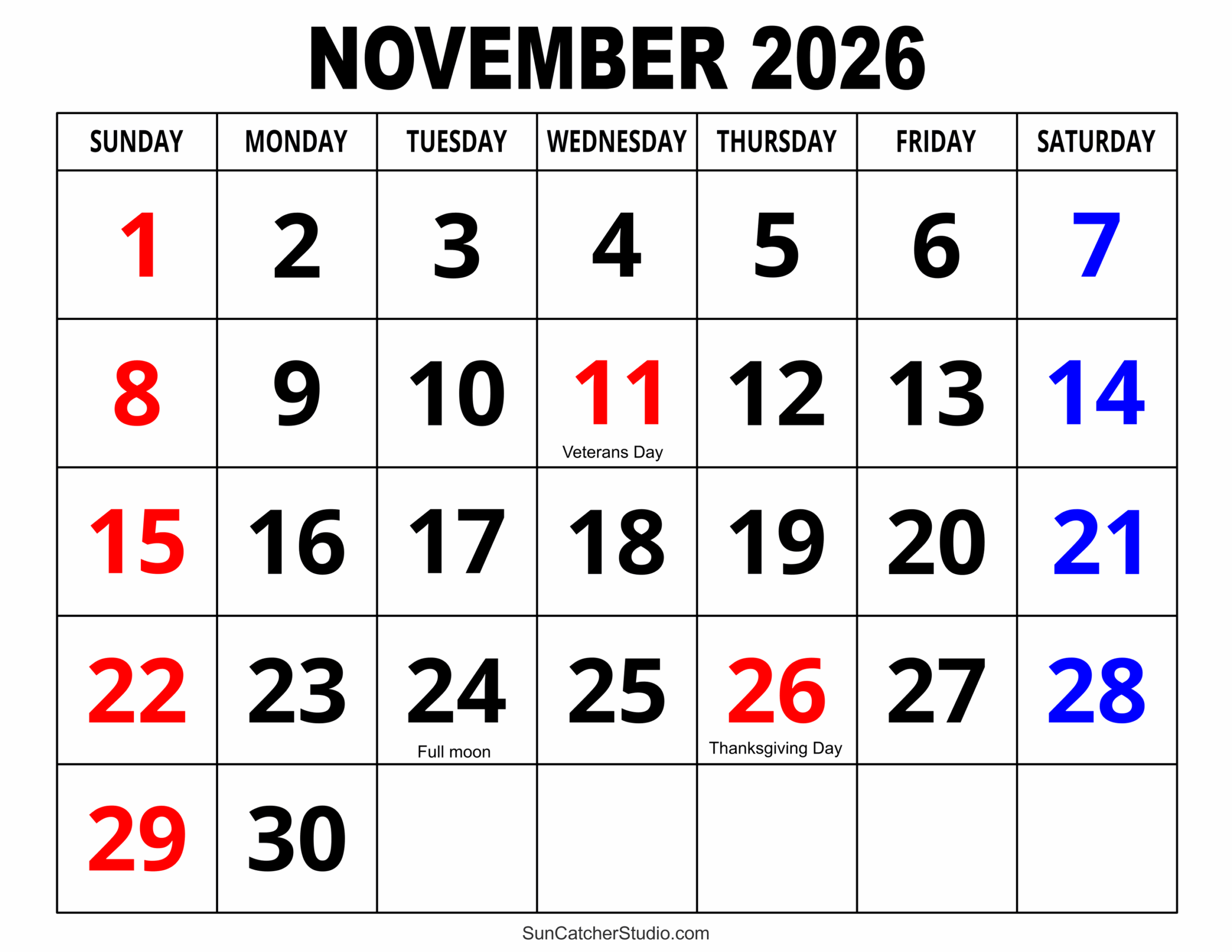 November 2026 Monthly Calendar Free Printable