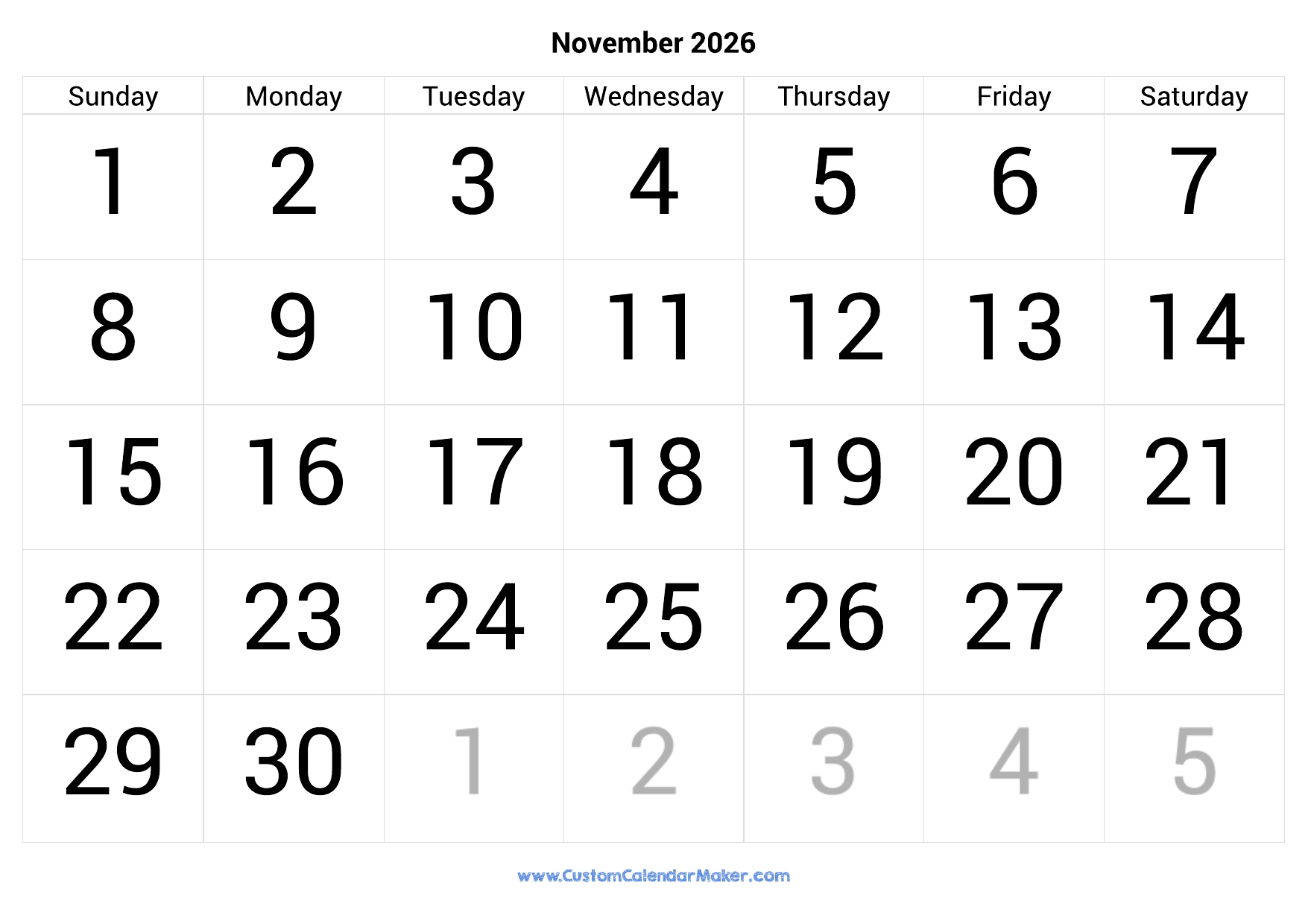 November 2026 Calendar Uk Printable