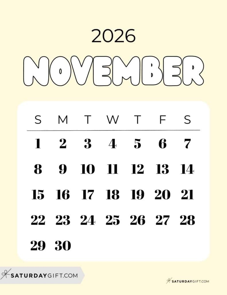 November 2026 Calendars 23 Cute Free Printable PDFs By SaturdayGift