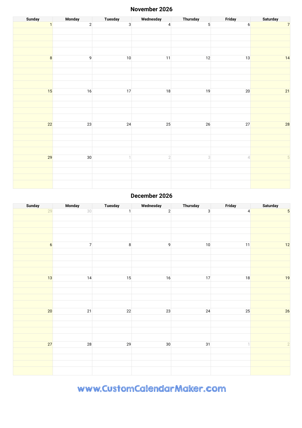 Free Printable Calendar 2026 November December