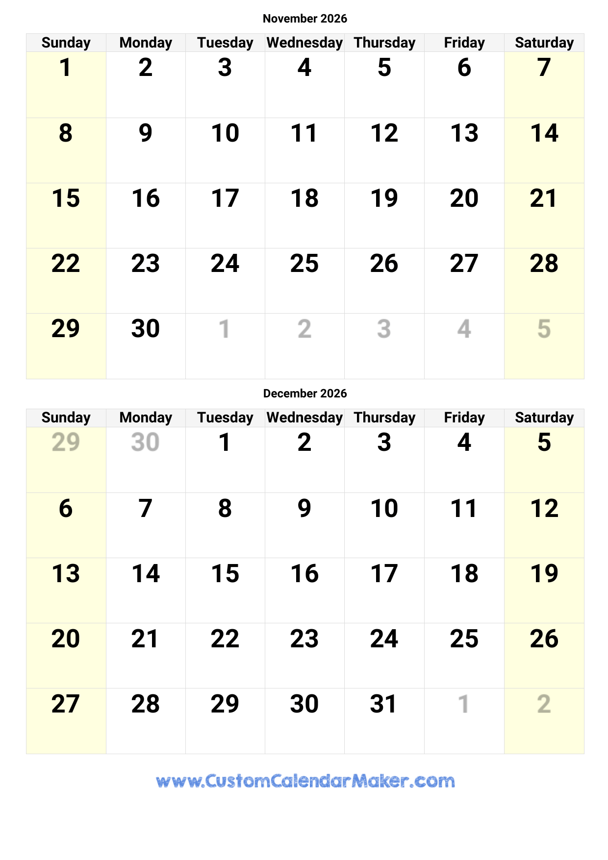 Printable November And December 2026 Calendars