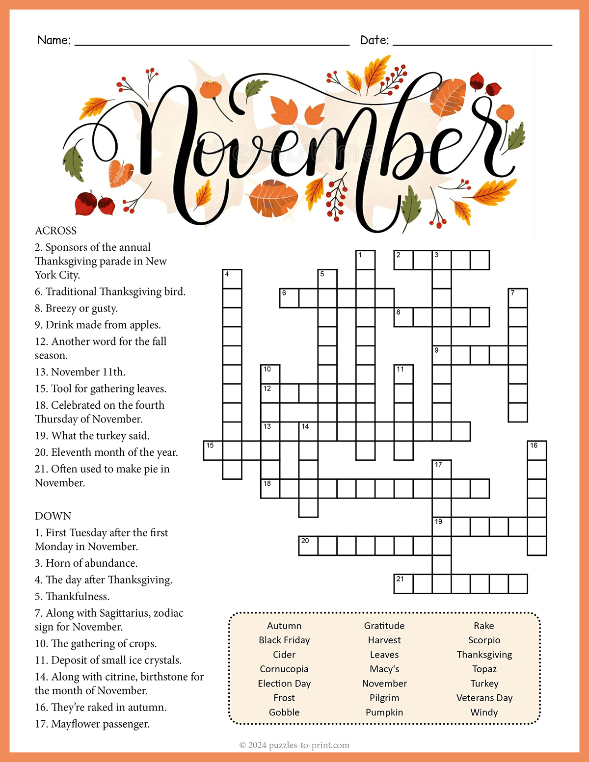 Printable November Crossword Puzzles