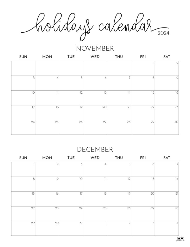 November December Calendar Printable