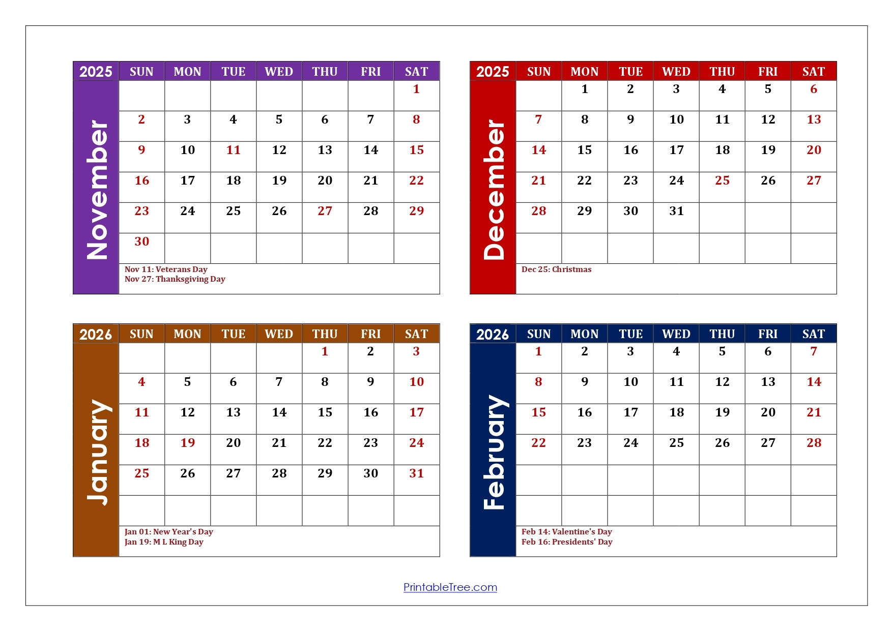 November To February 2026 Calendar Printable PDF Four Months 