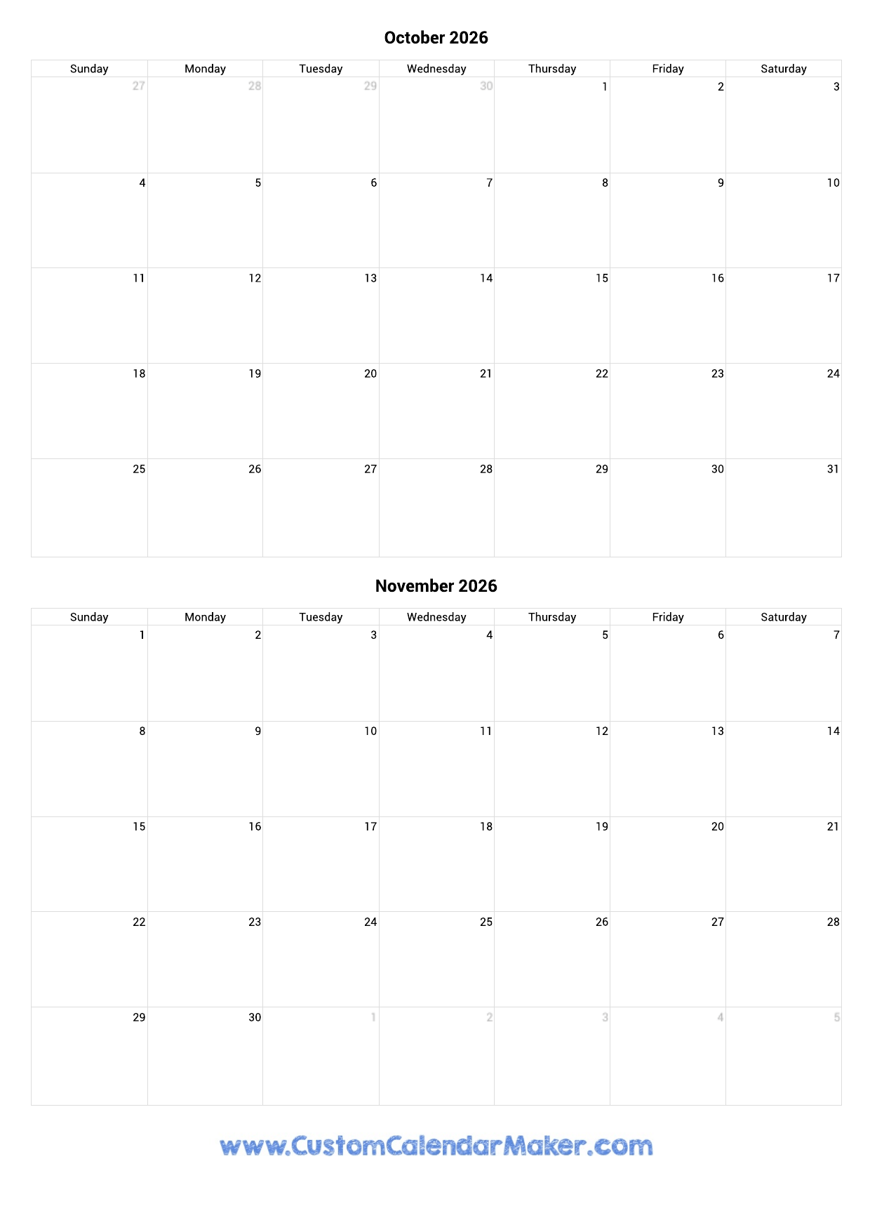 Printable Calendar 2026 October November