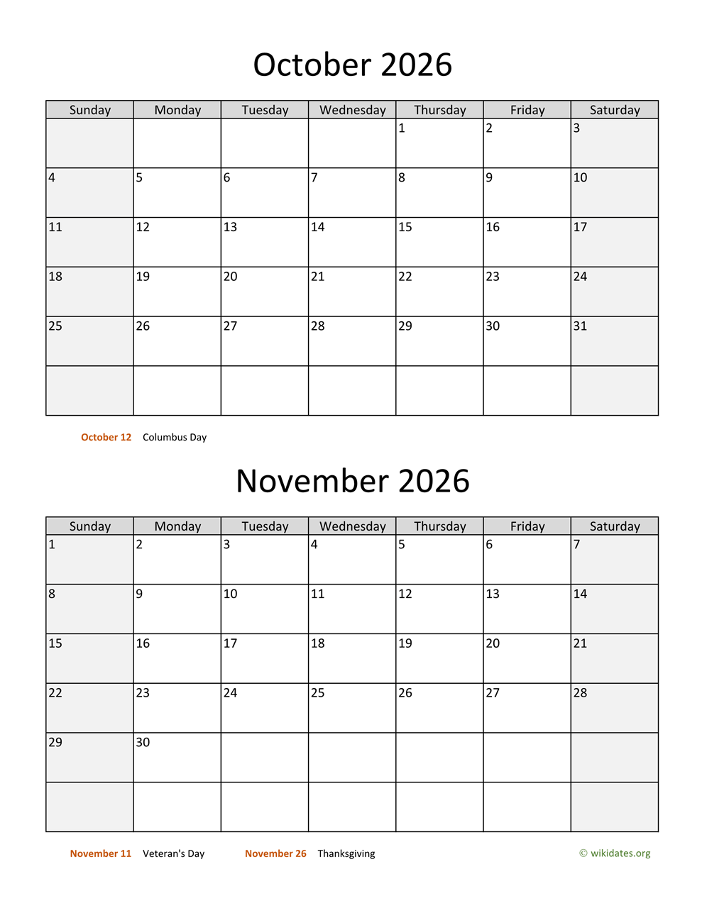 Free Printable 0ctober November 2026 Calendar