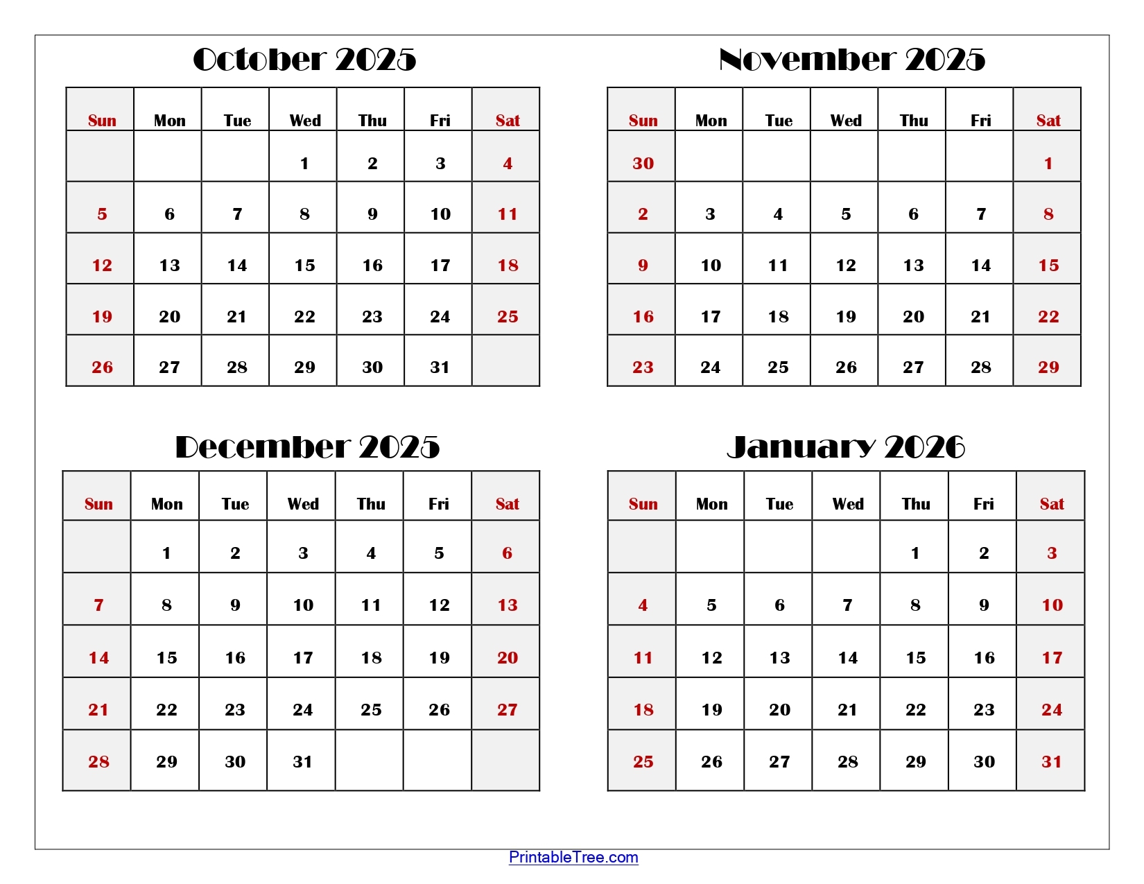 Calendar October November December 2026 Printable