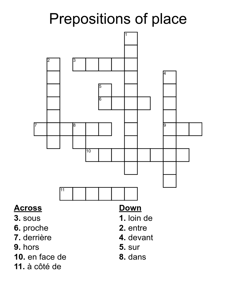 Prepositions Of Place Crossword WordMint